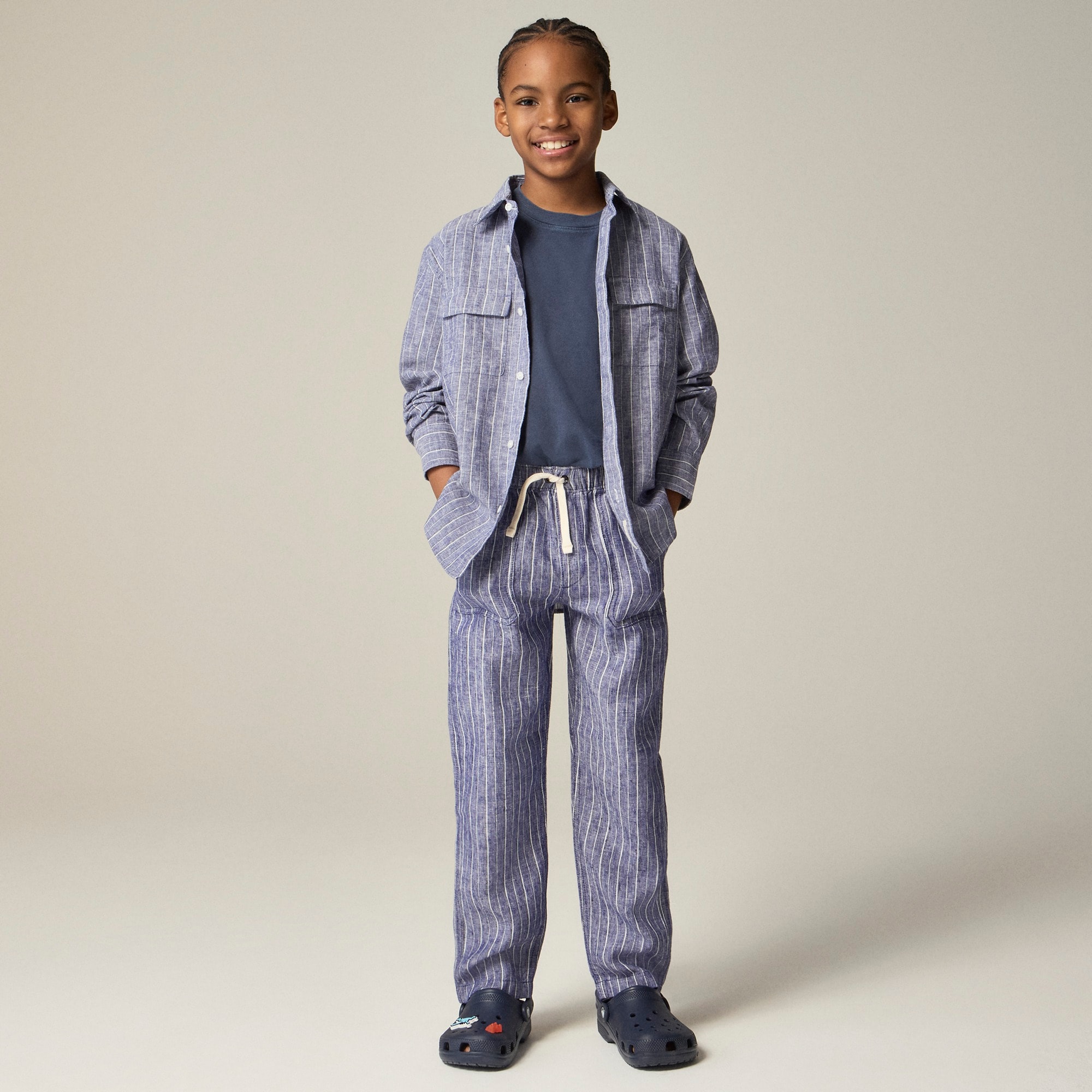  Kids' long-sleeve camp-pocket shirt in linen-cotton blend