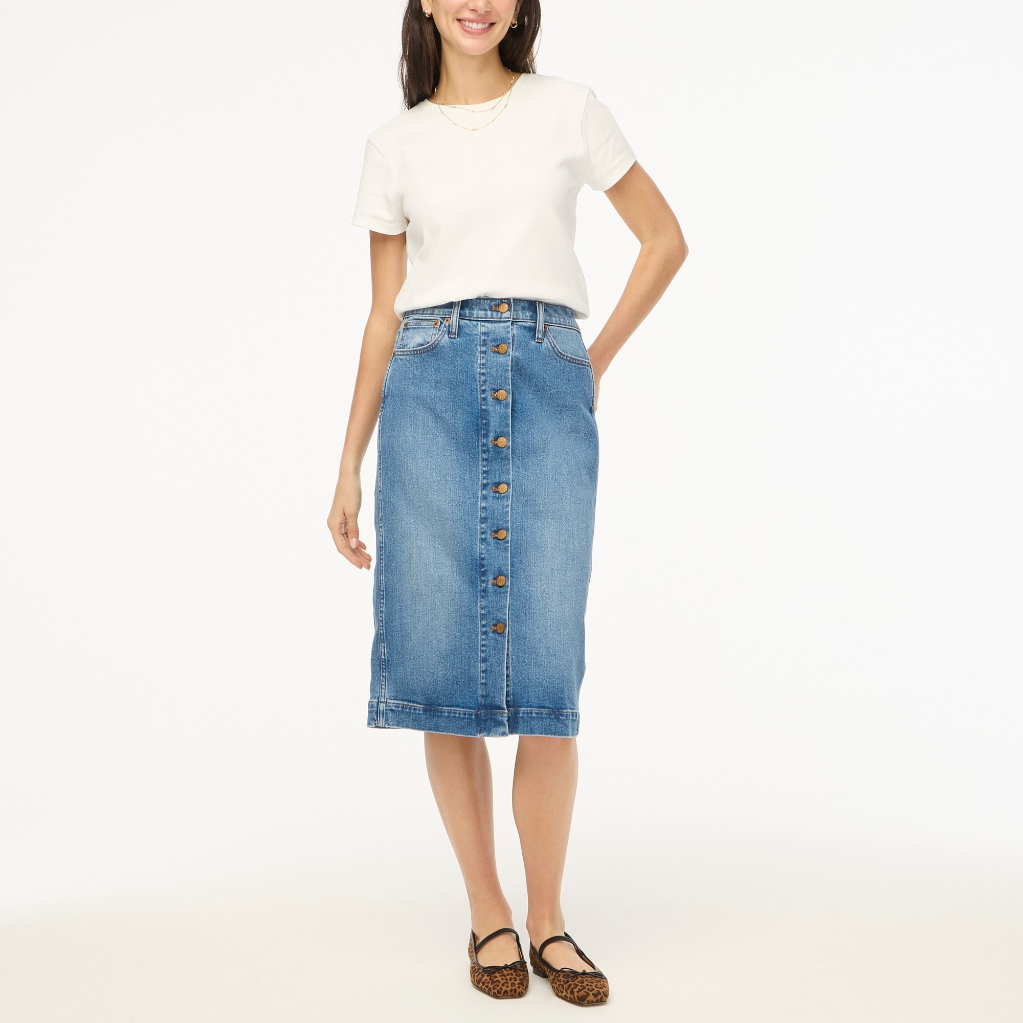 Denim button-front midi skirt