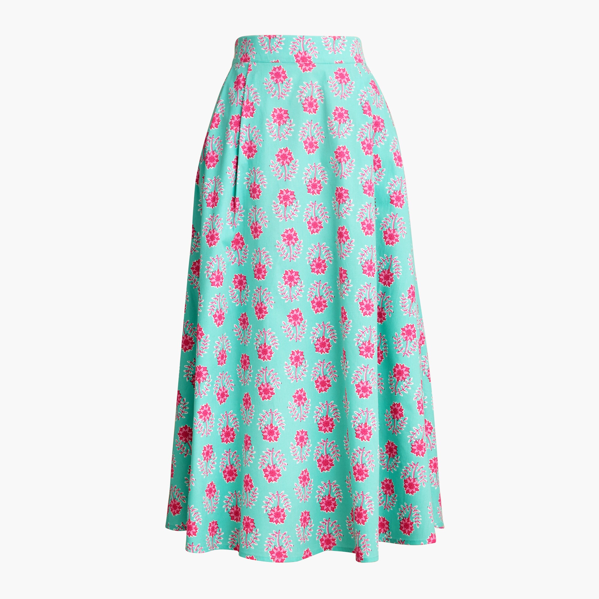 Printed poplin pleated midi skirt