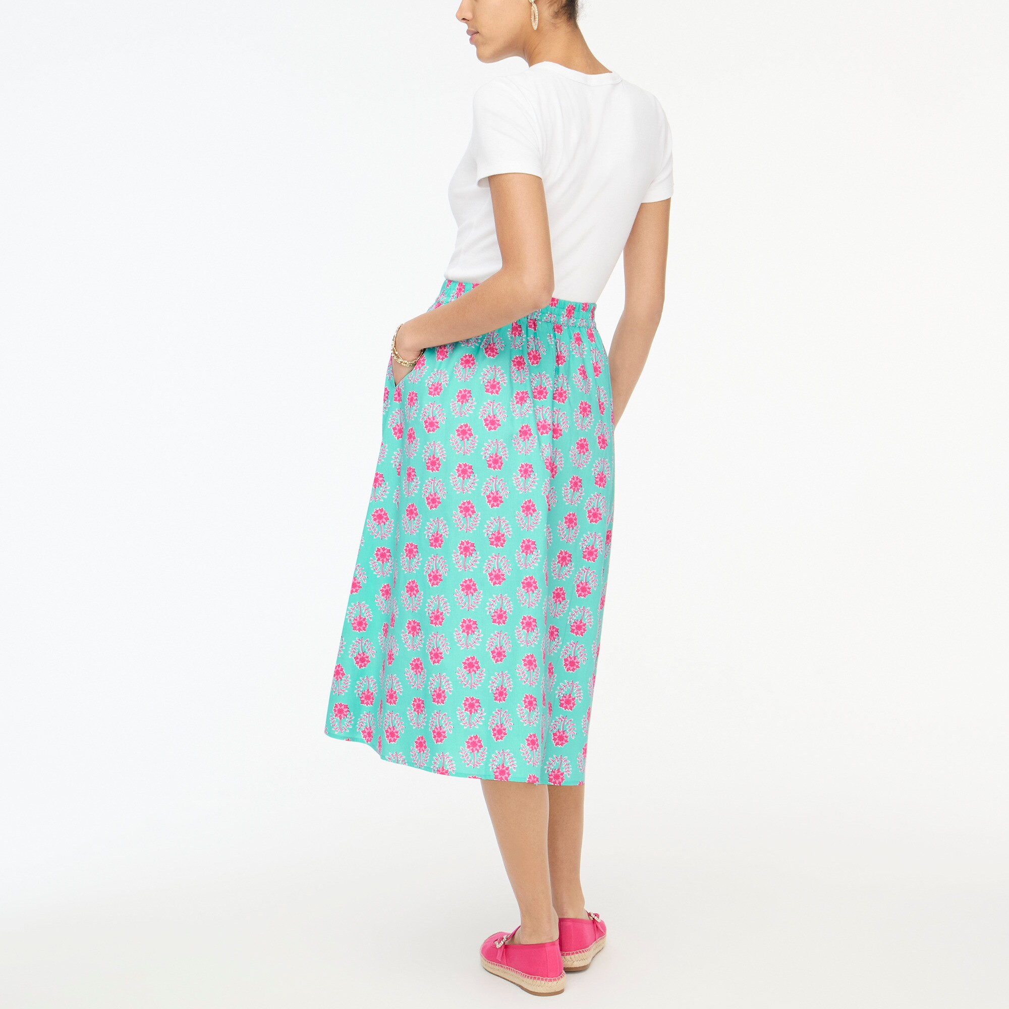 Printed poplin pleated midi skirt