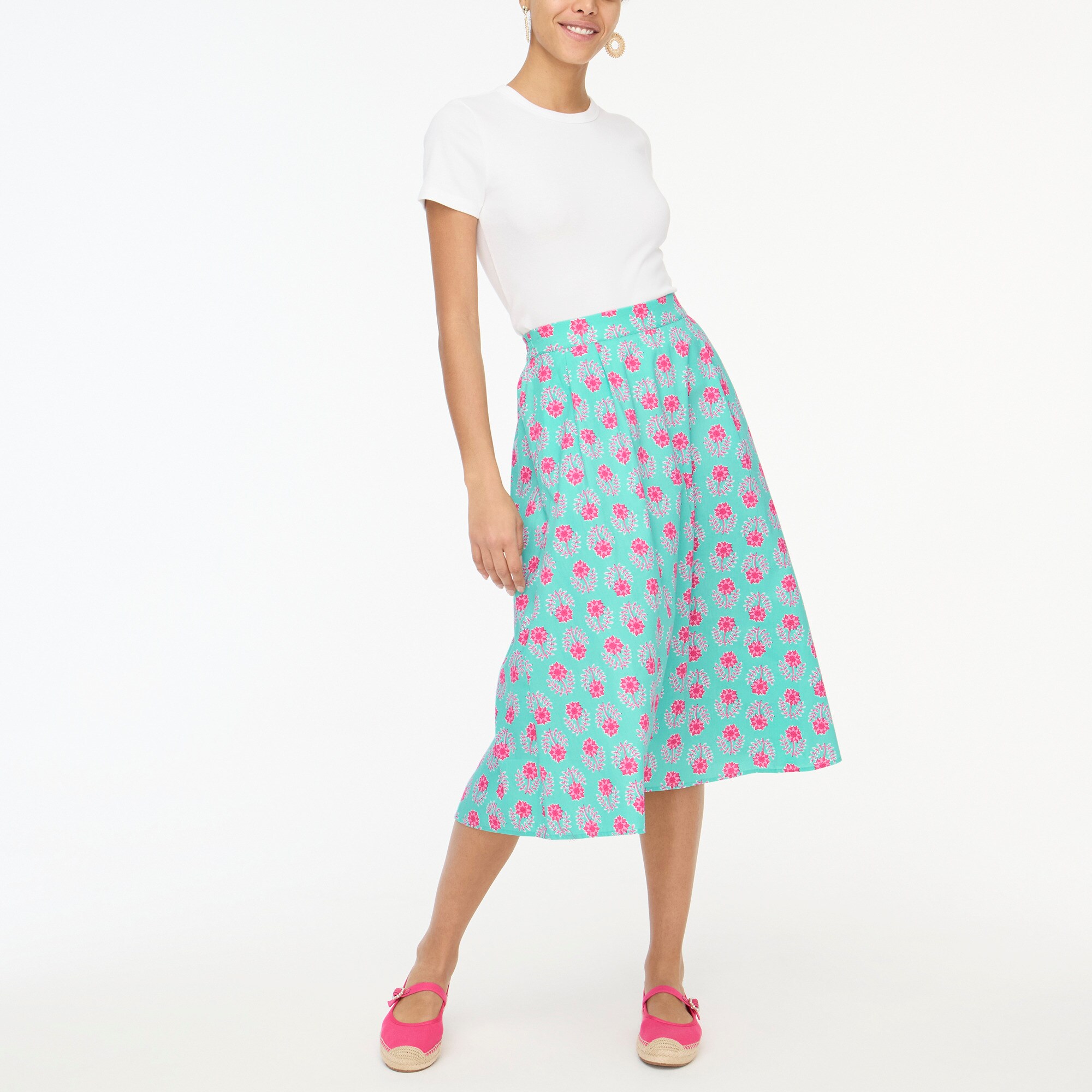 womens Printed poplin pleated midi skirt
