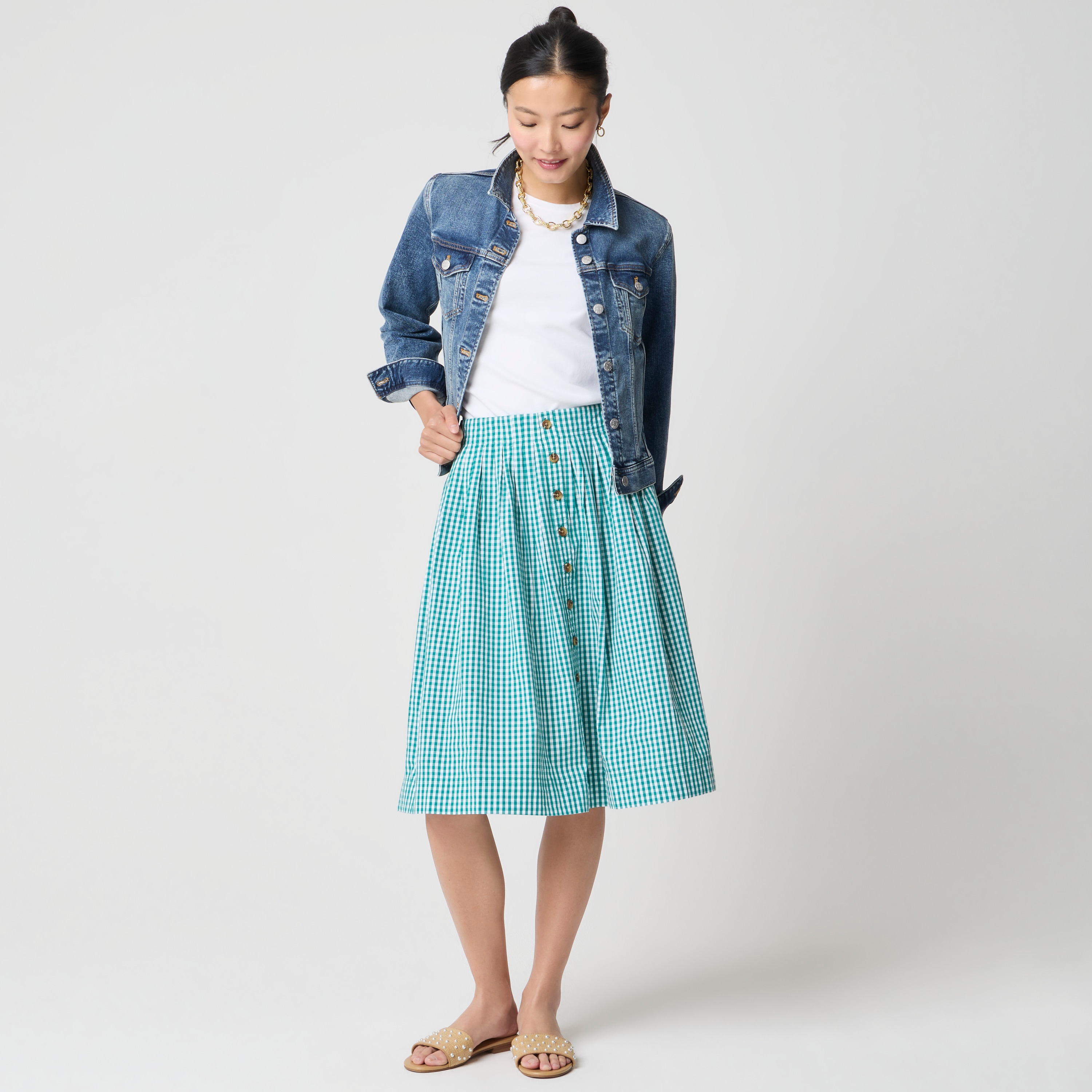 Pleated button-front midi skirt