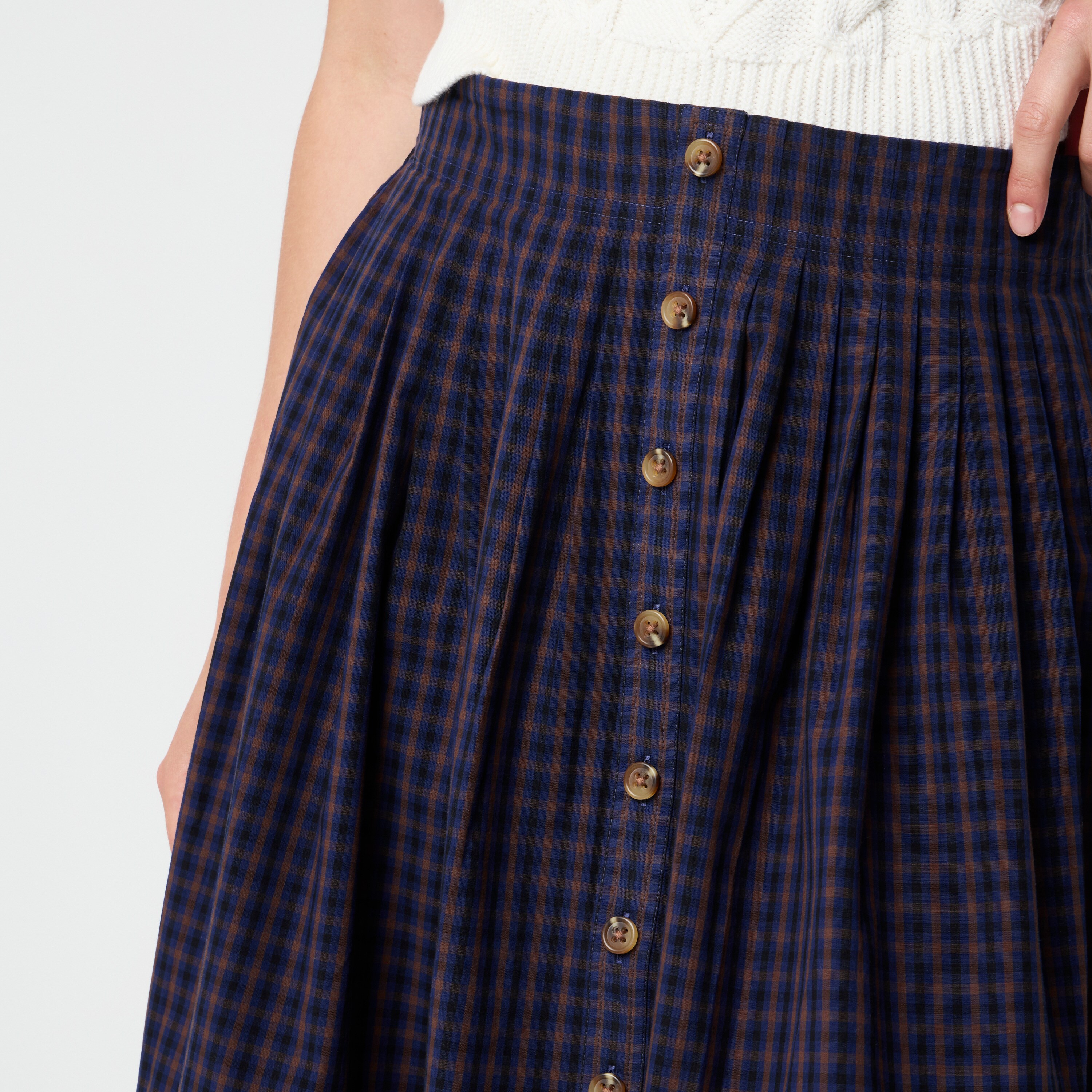 Pleated button-front midi skirt