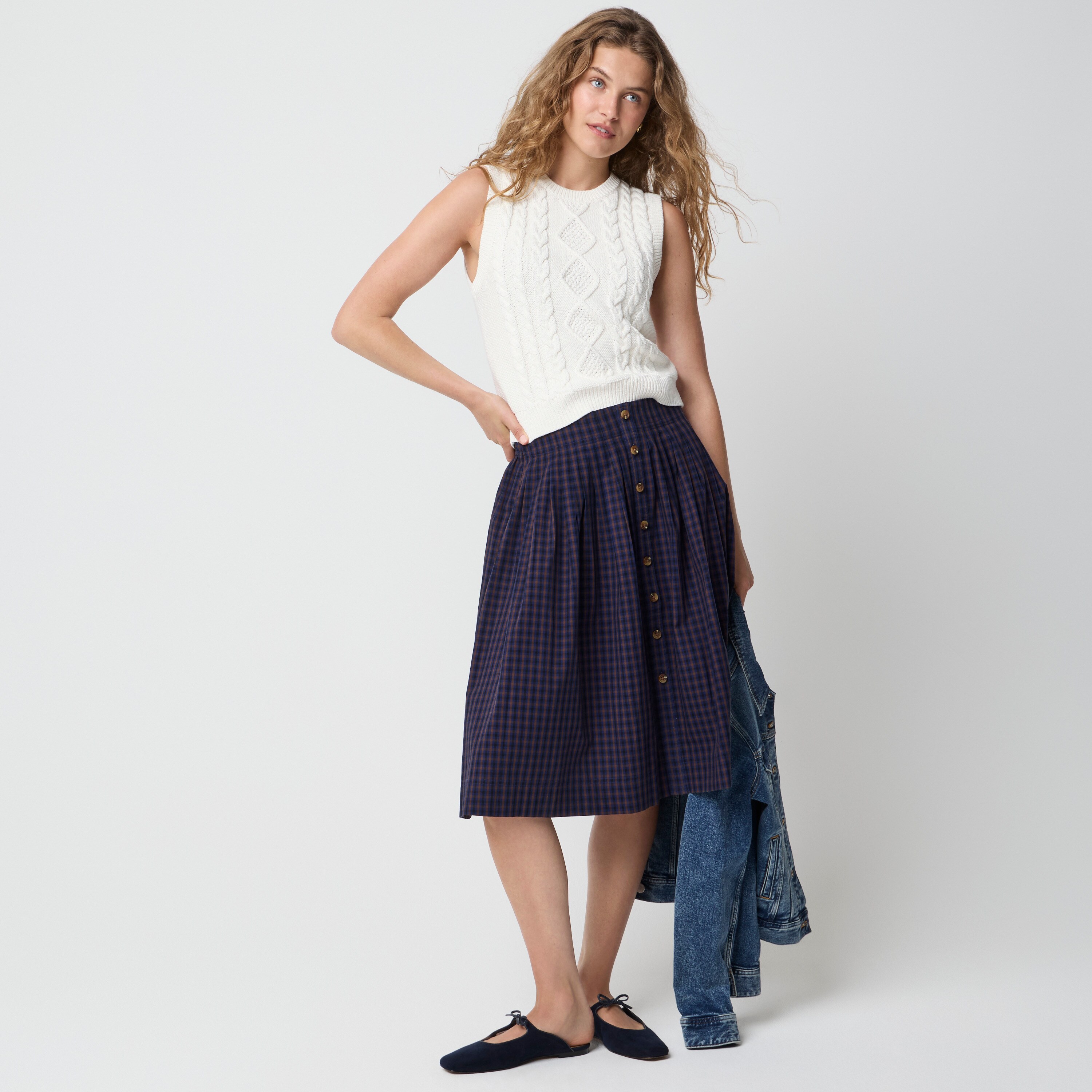 Pleated button-front midi skirt