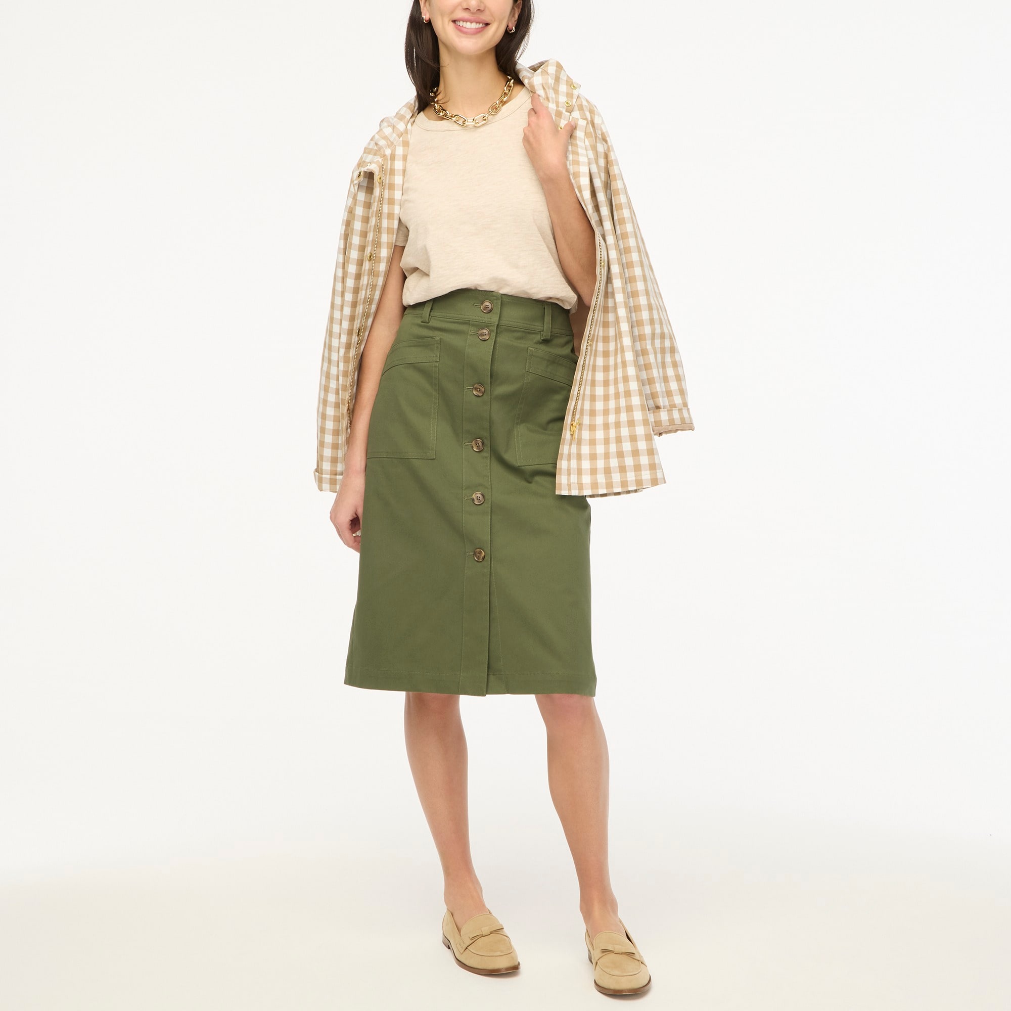 Petite utility button-front midi skirt