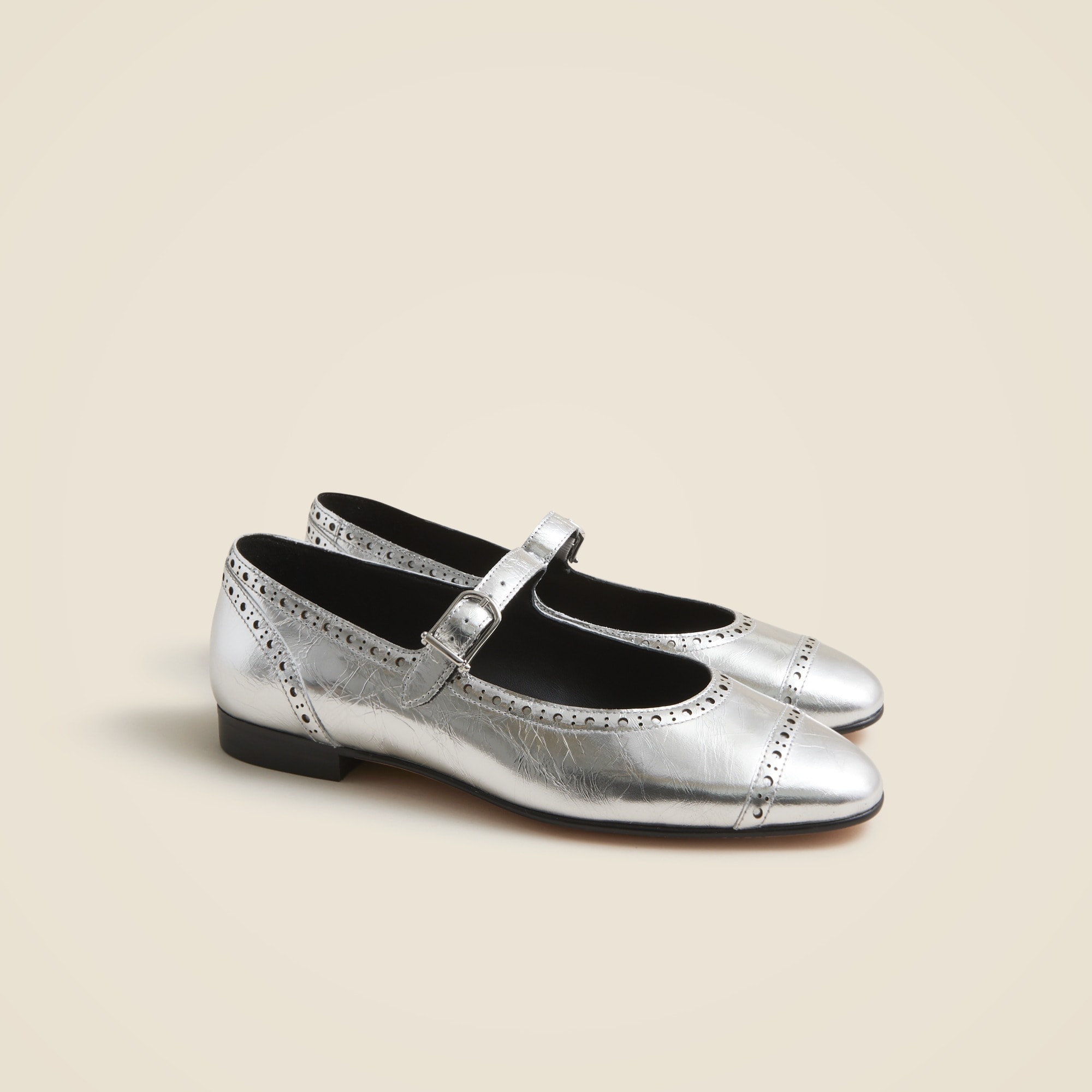 womens Wing tip Mary Jane ballet flats in metallic leather