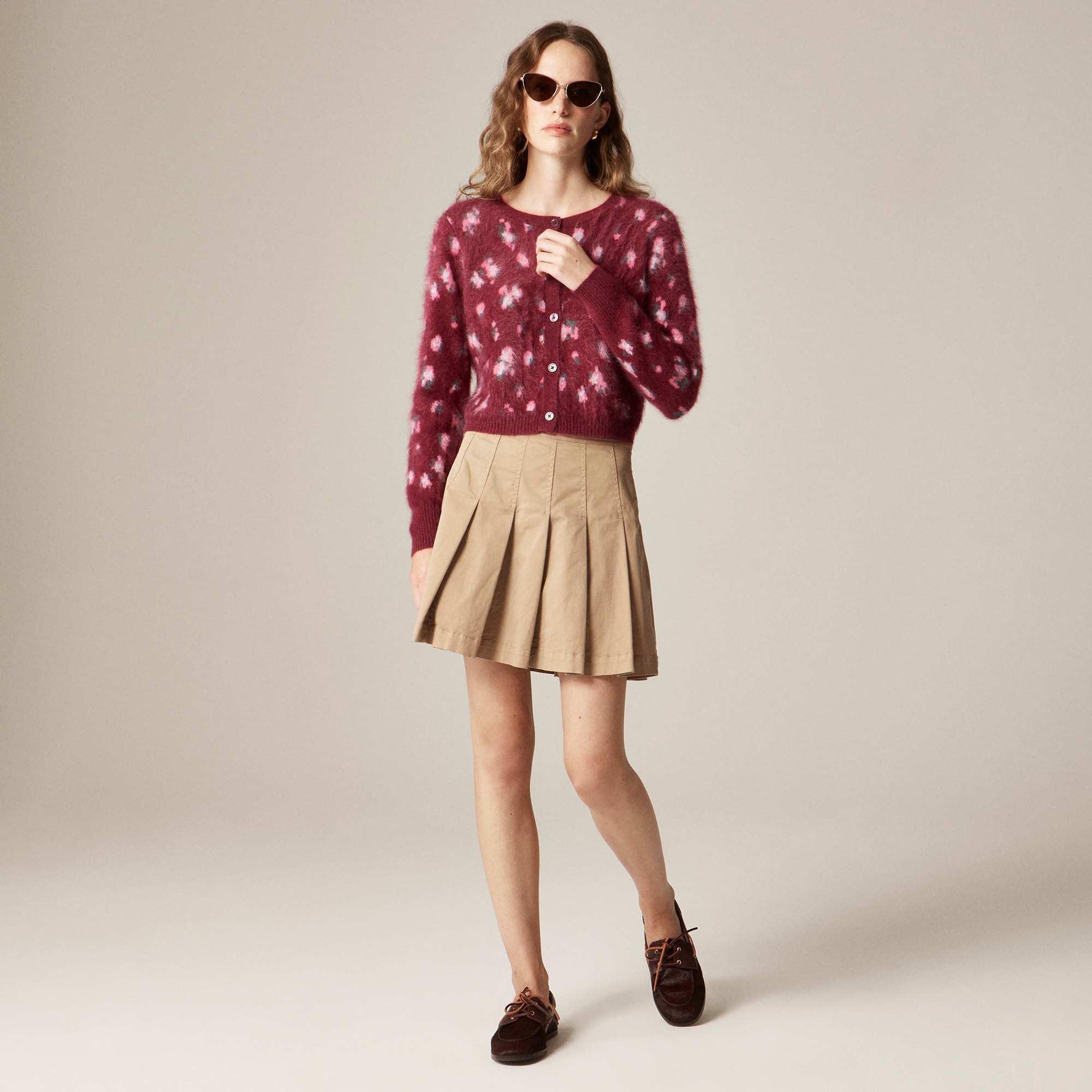 Brushed cashmere cropped cardigan in blurry floral