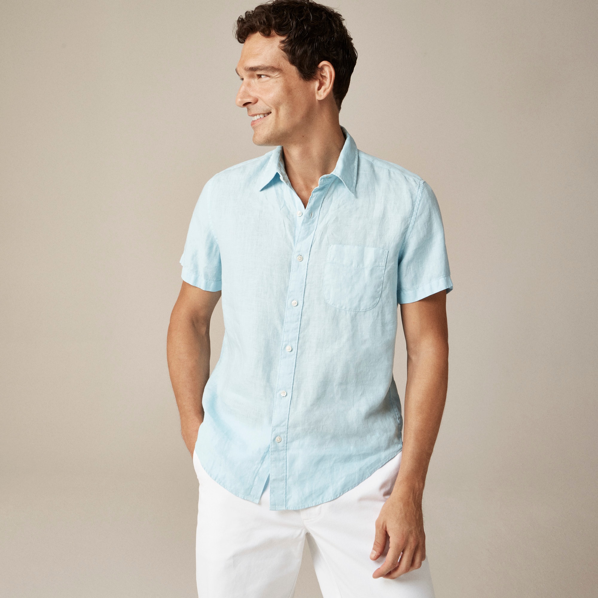 mens Short-sleeve washed linen shirt
