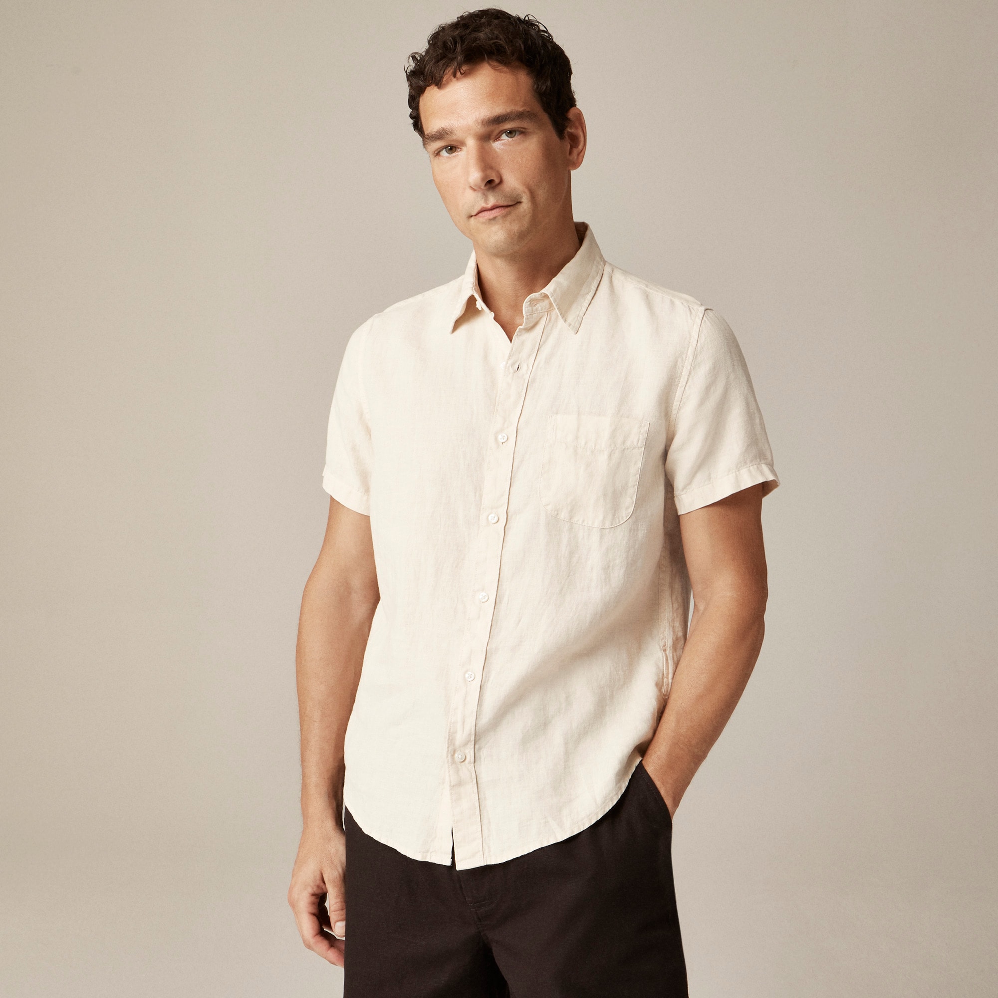 mens Short-sleeve washed linen shirt