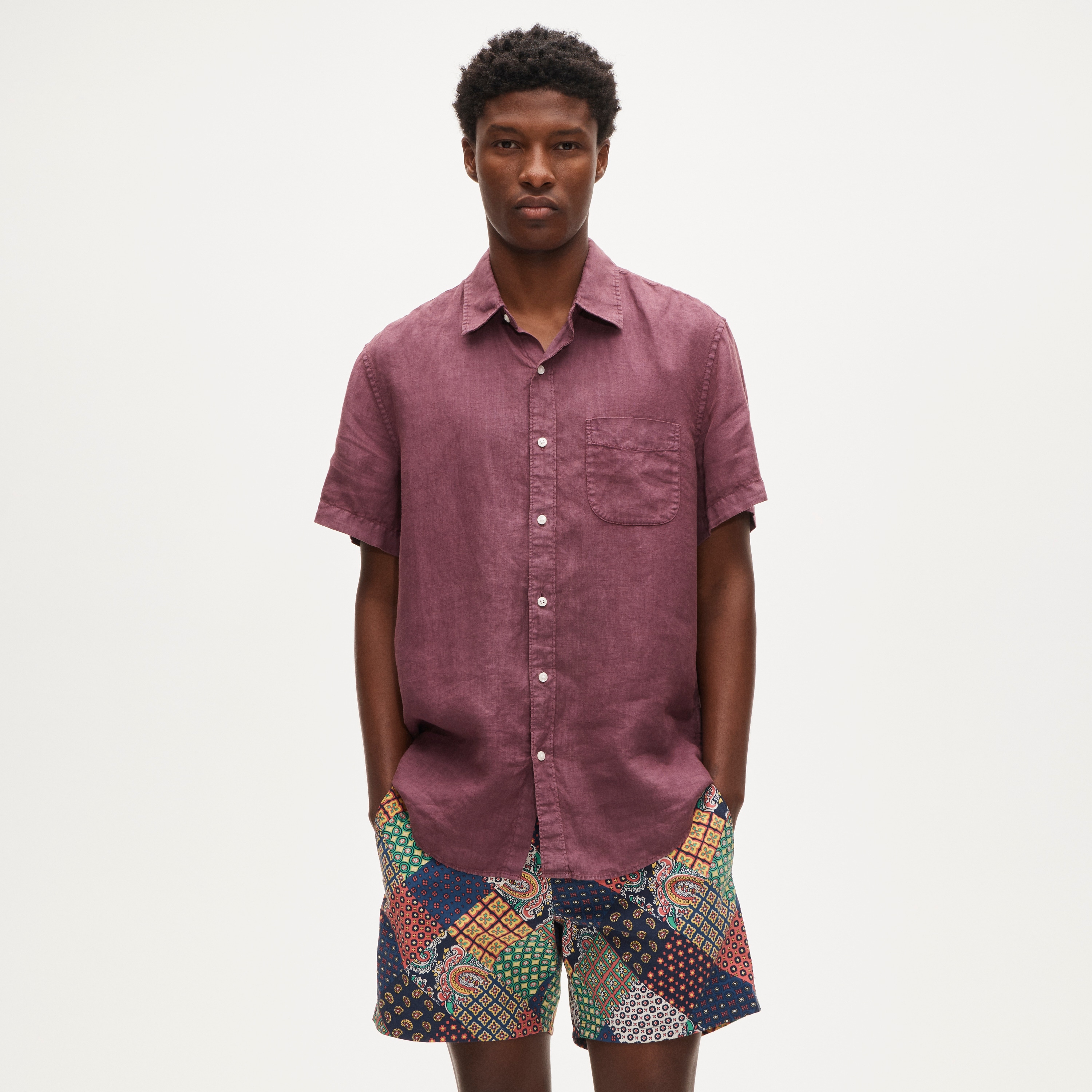 Short-sleeve washed linen shirt