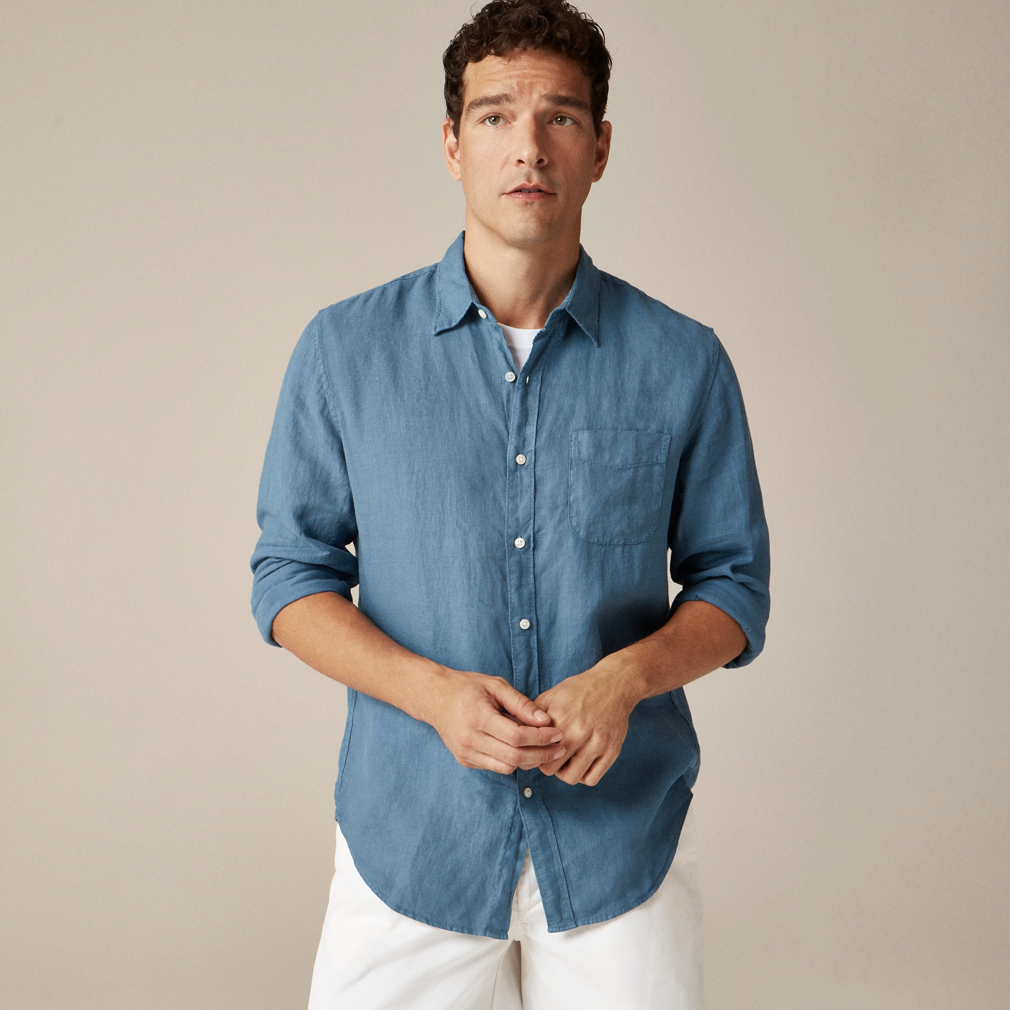 mens Washed linen shirt with point collar