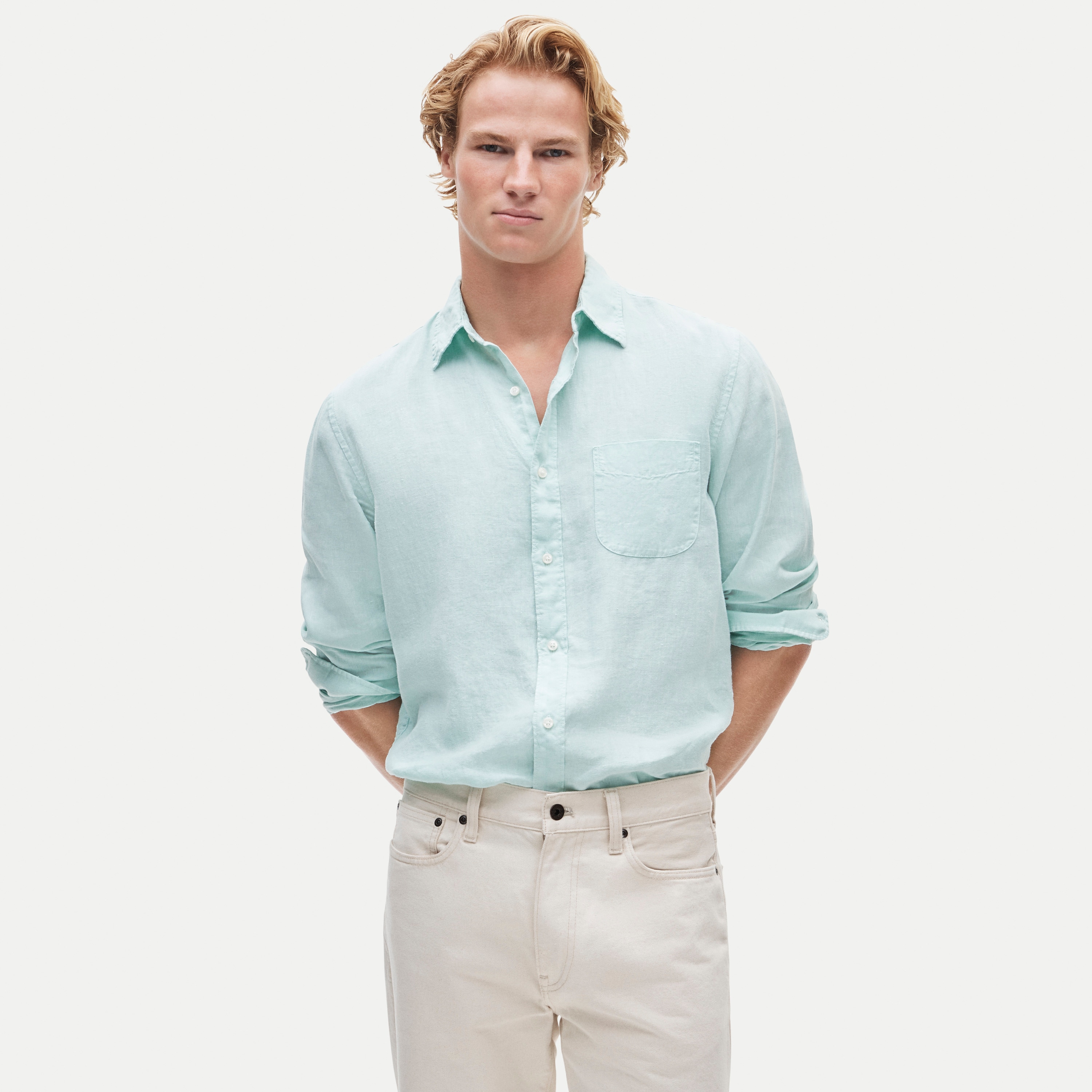 Washed linen shirt with point collar