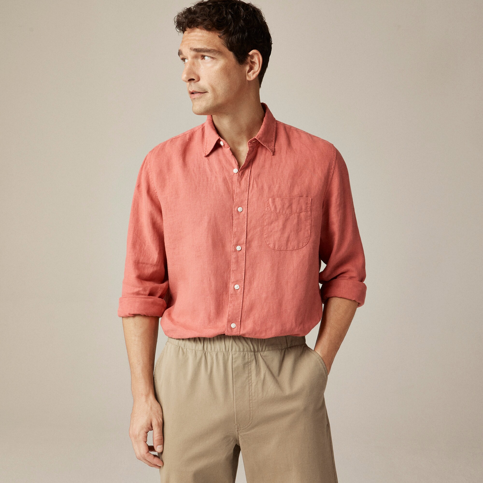Washed linen shirt with point collar