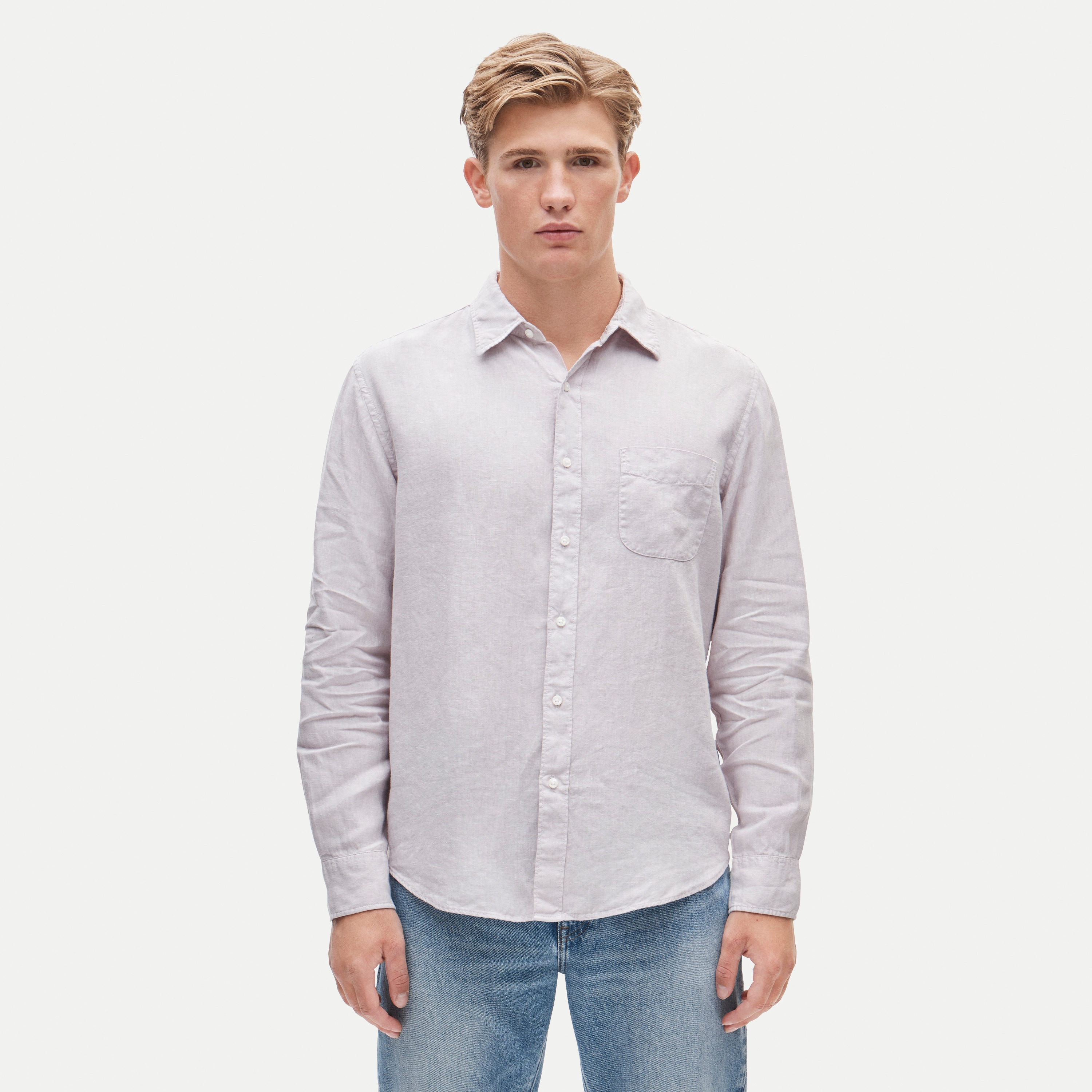 Washed linen shirt with point collar