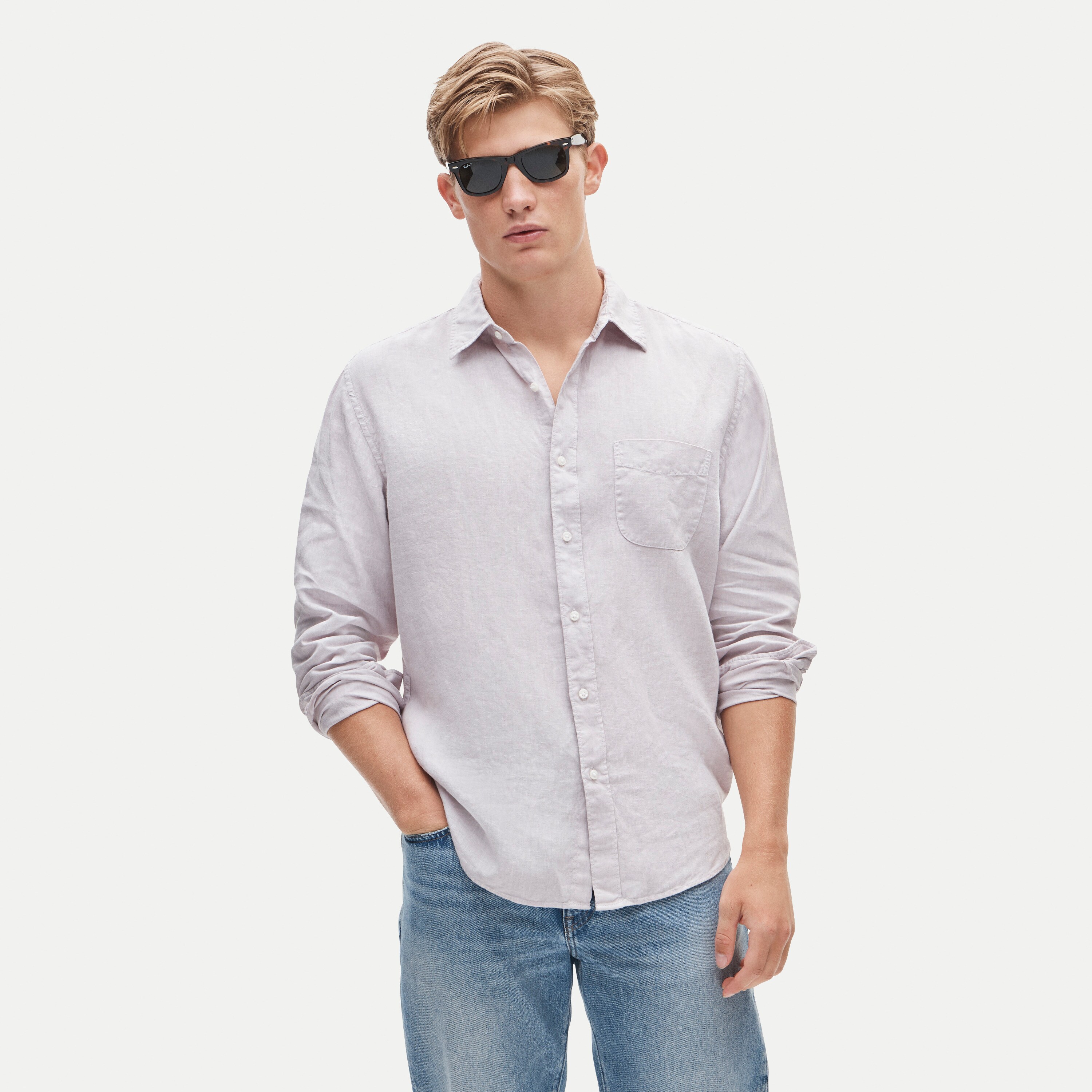 Washed linen shirt with point collar