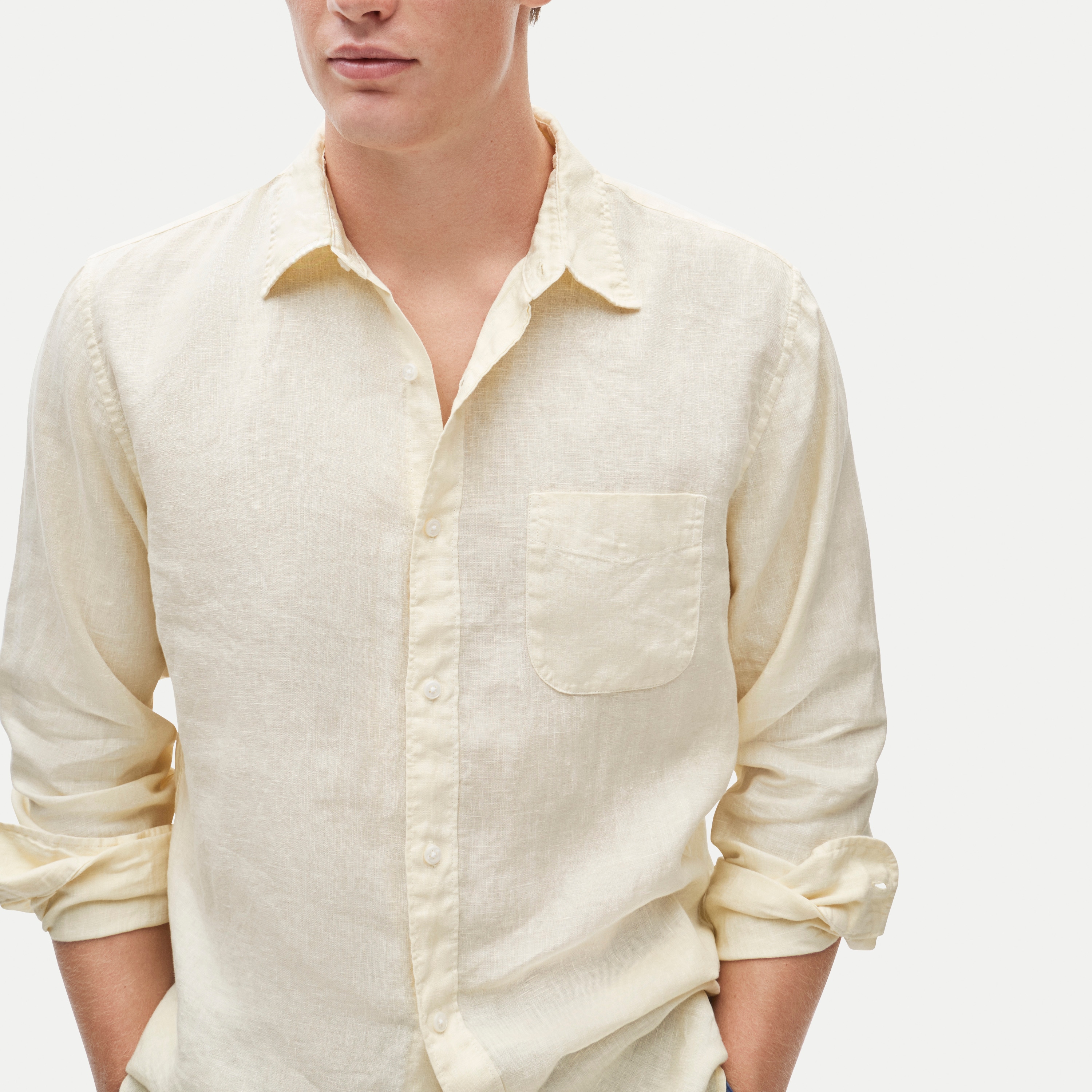 Washed linen shirt with point collar