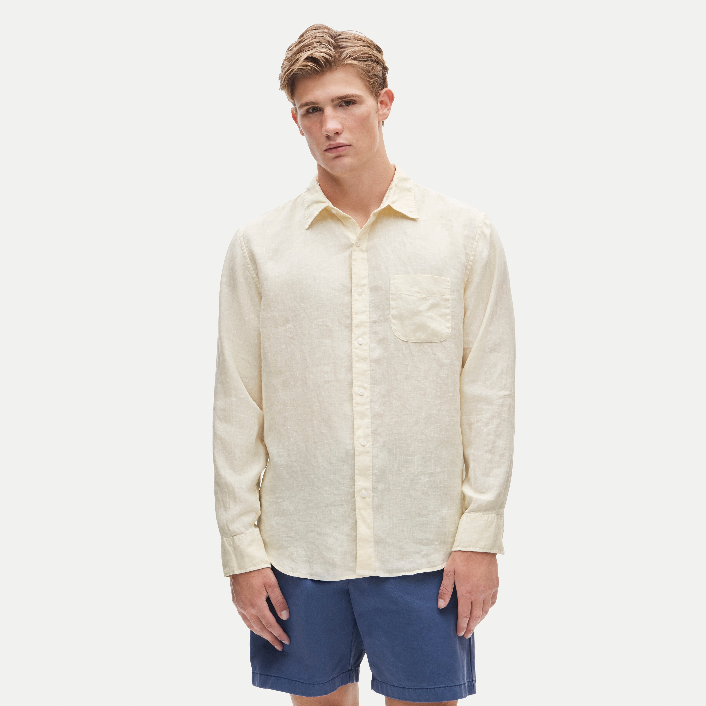 Washed linen shirt with point collar