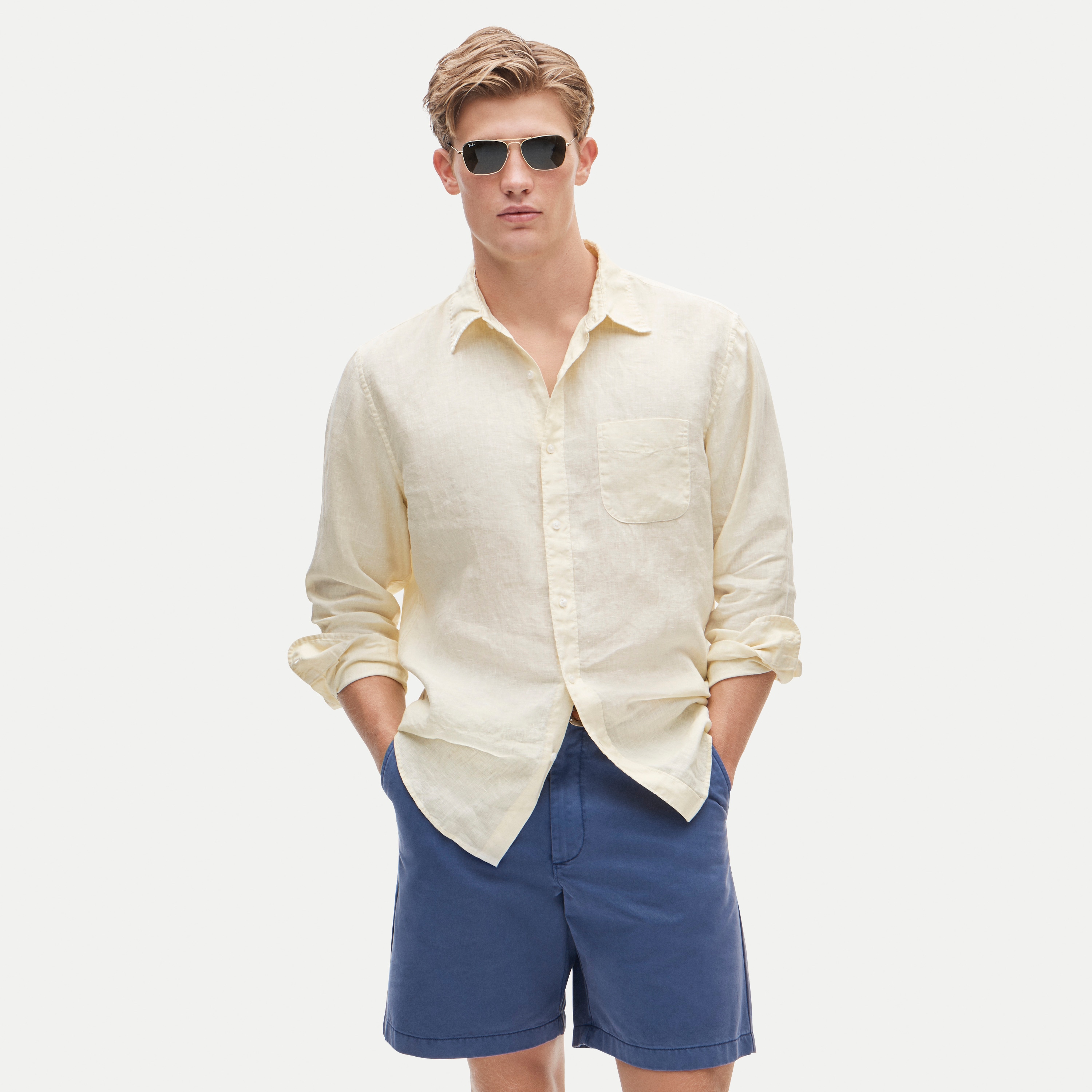 Washed linen shirt with point collar