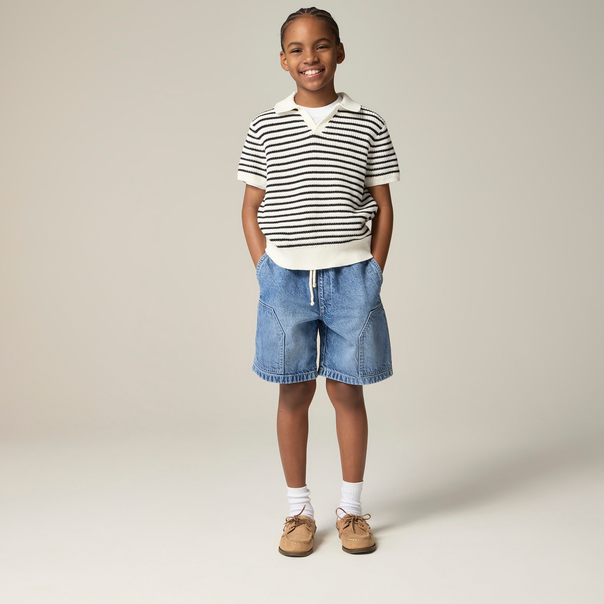 Kids' short-sleeve johnny-collar sweater-polo in stripe
