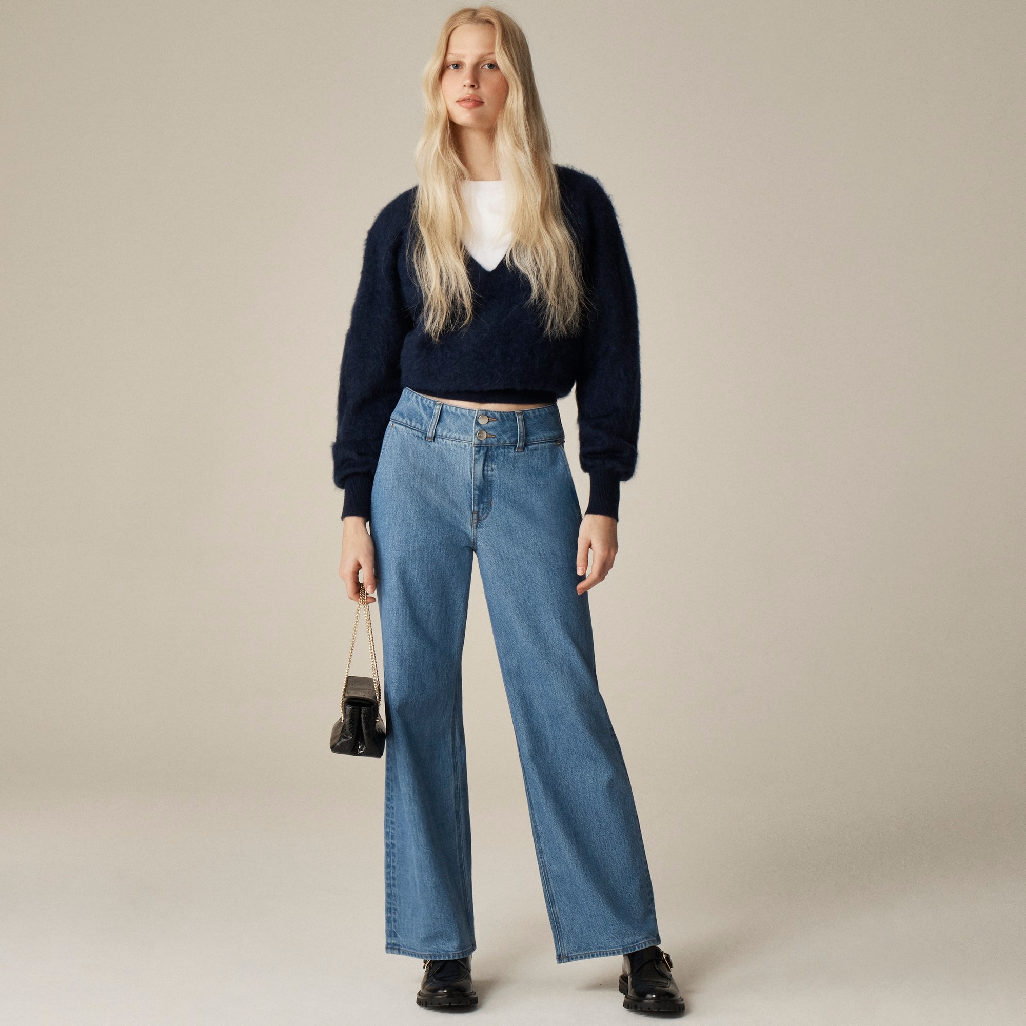 womens Slim-wide jean with stacked buttons