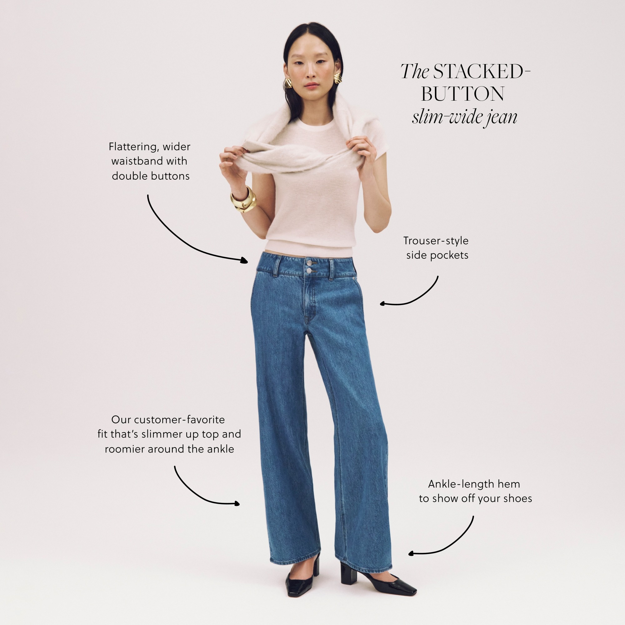 Petite slim-wide jean with stacked buttons - image 5