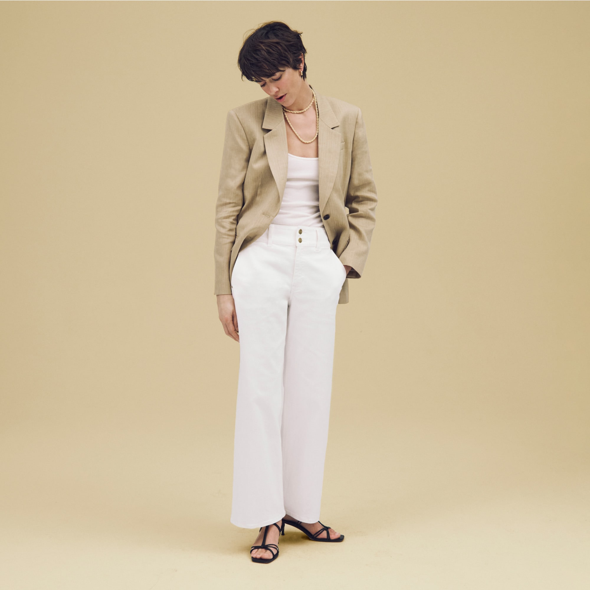 Petite slim-wide jean with stacked buttons