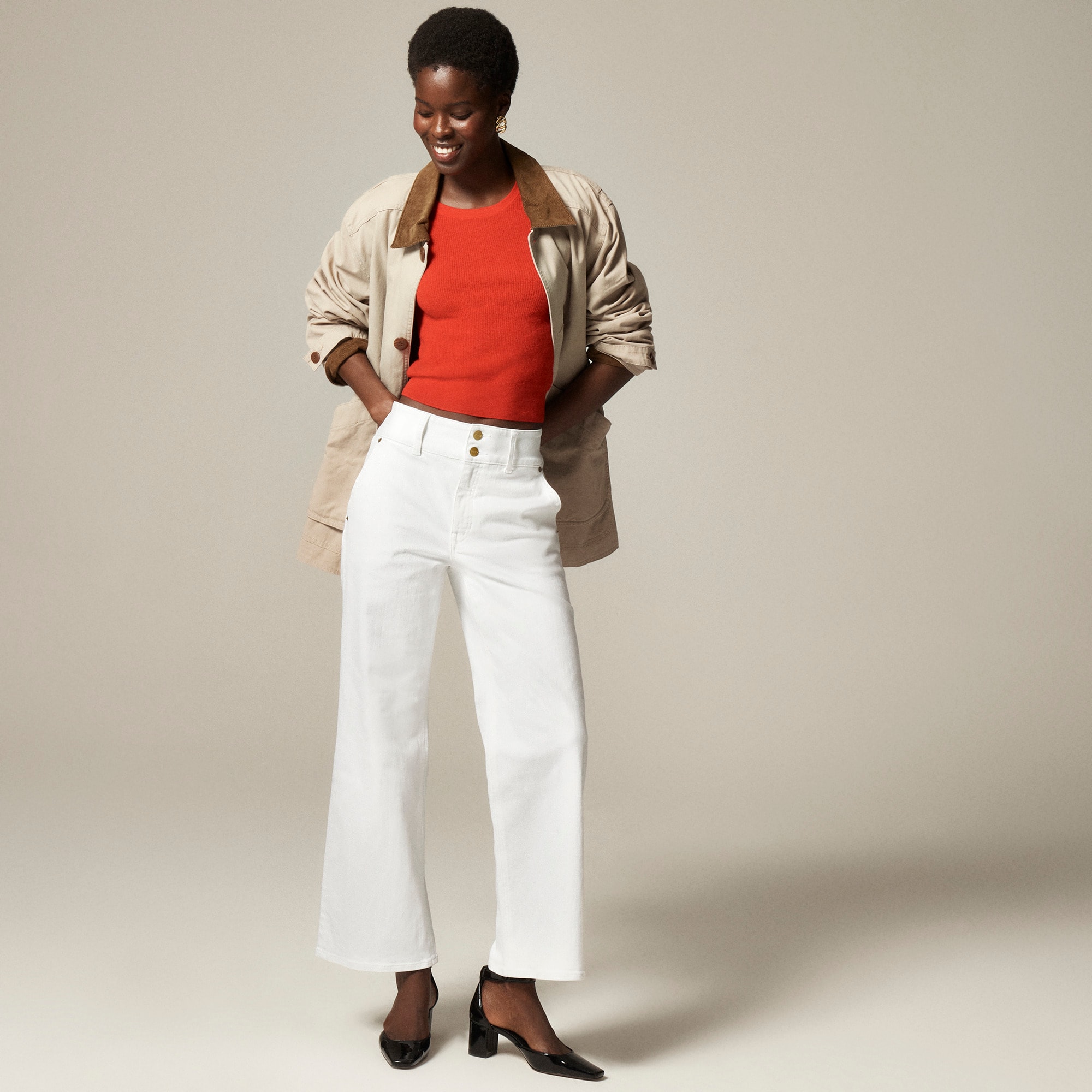 Petite slim-wide jean with stacked buttons