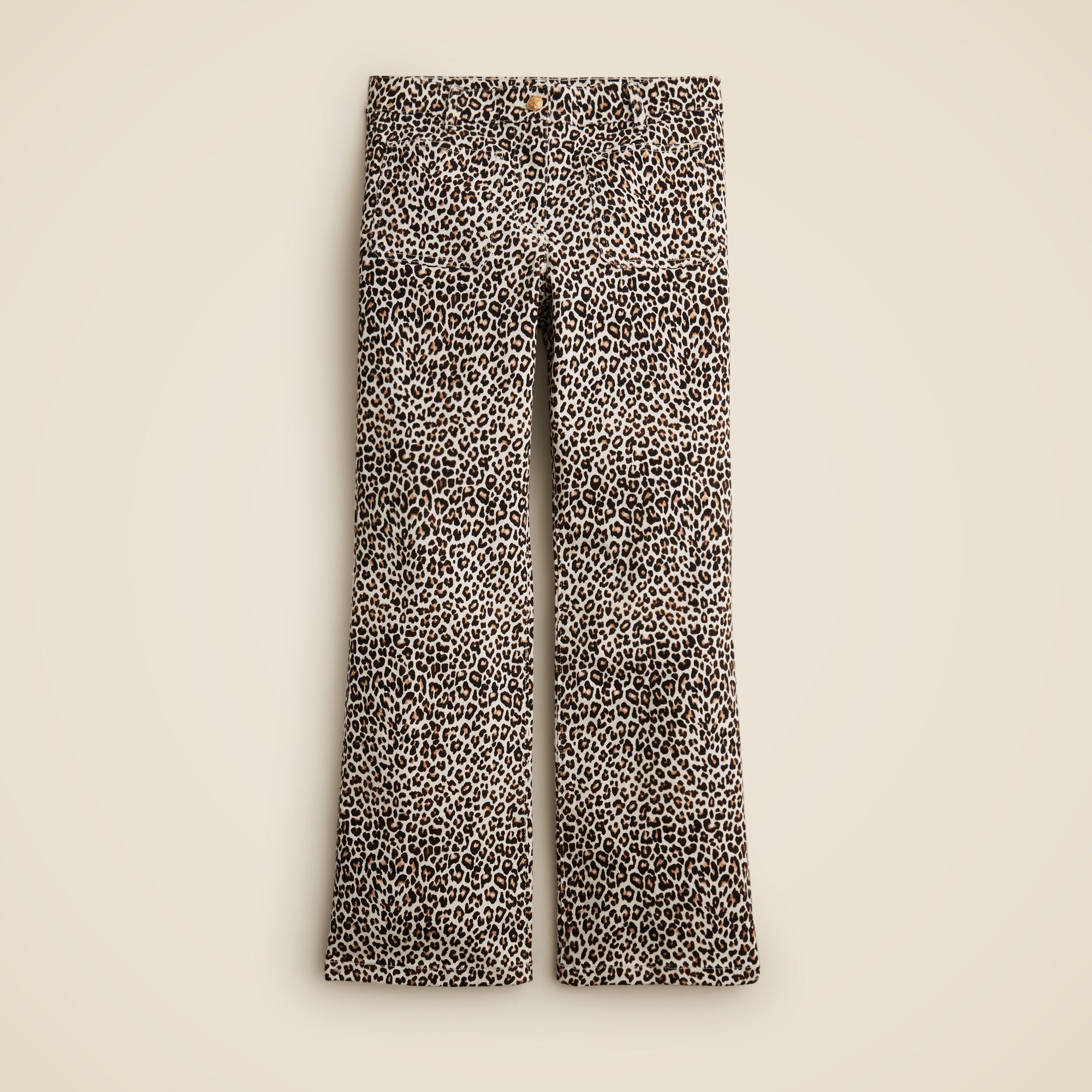 High-rise kickout jean with sailor pockets in leopard print
