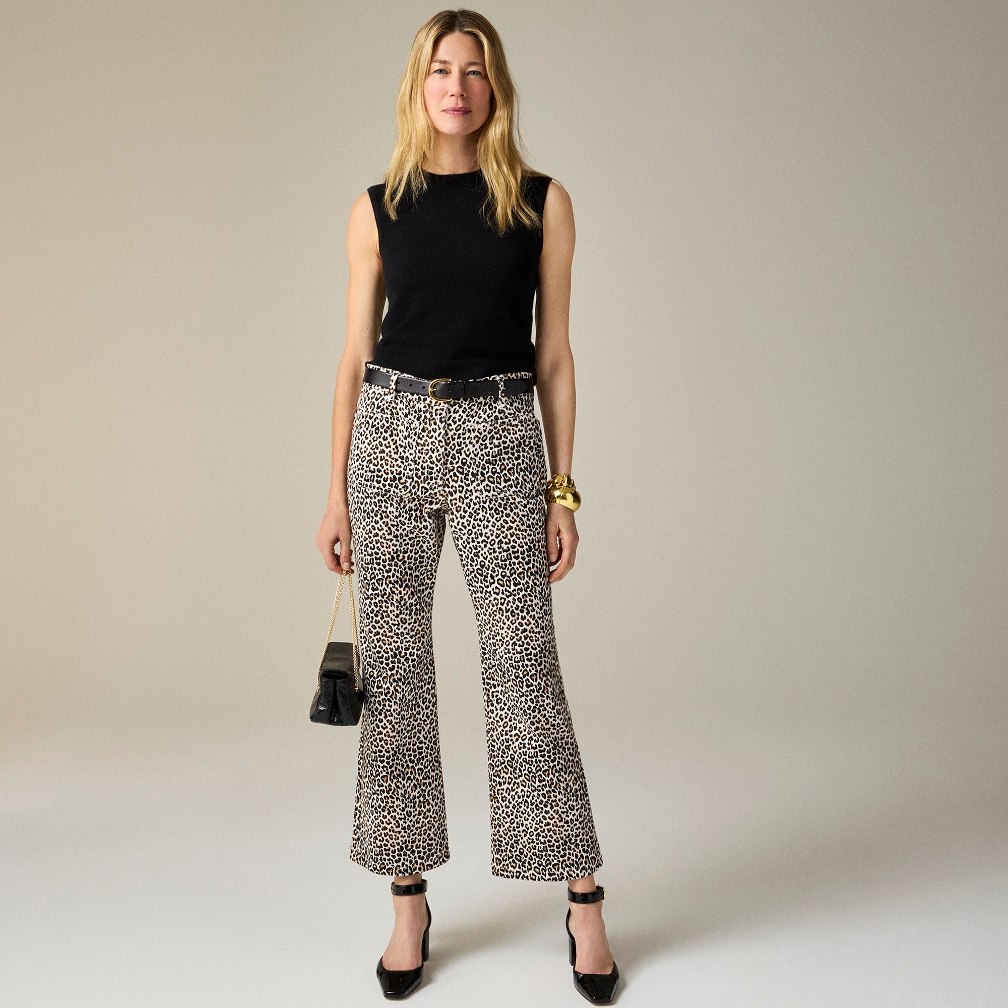 womens High-rise kickout jean with sailor pockets in leopard print
