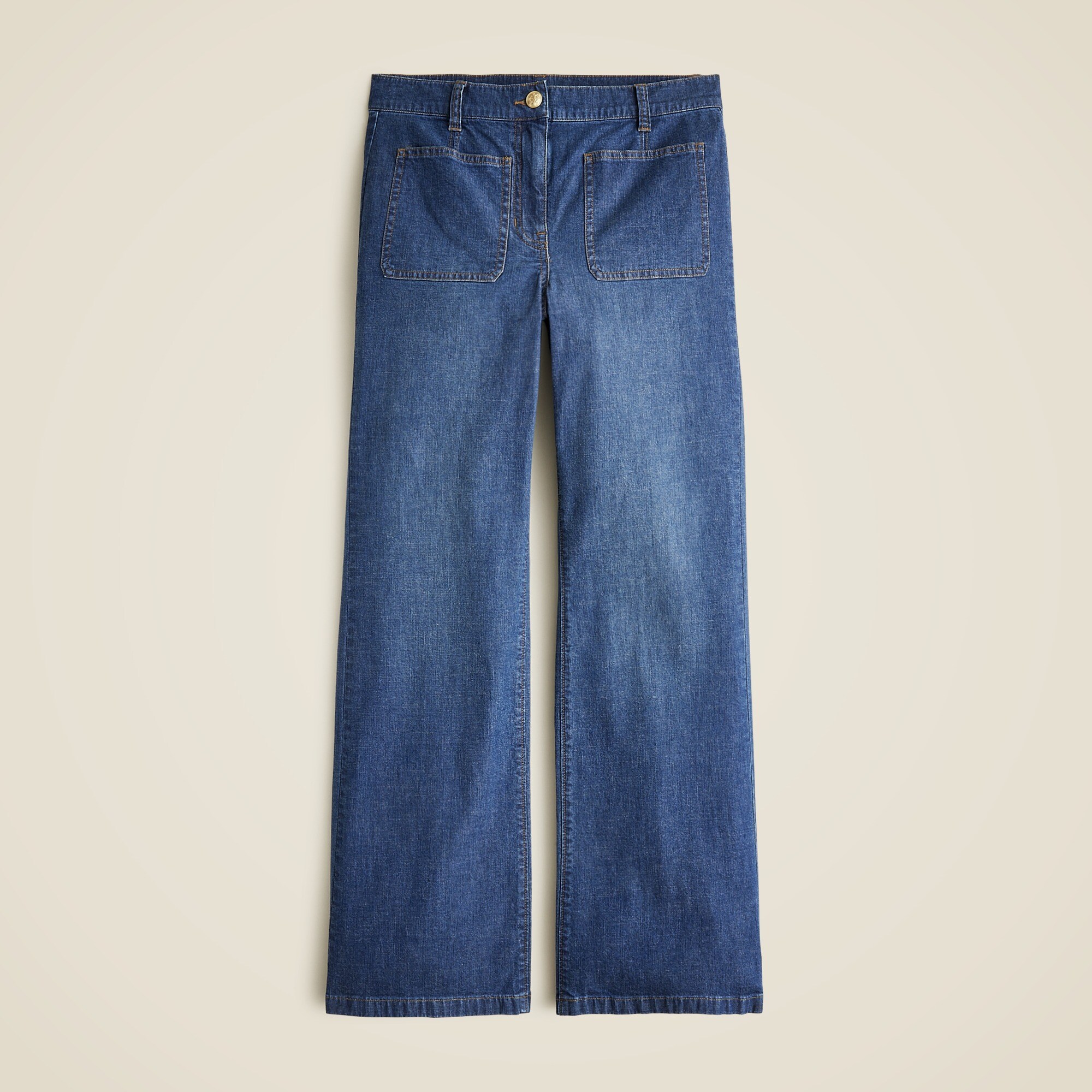 High-rise kickout jean with sailor pockets in drapey denim