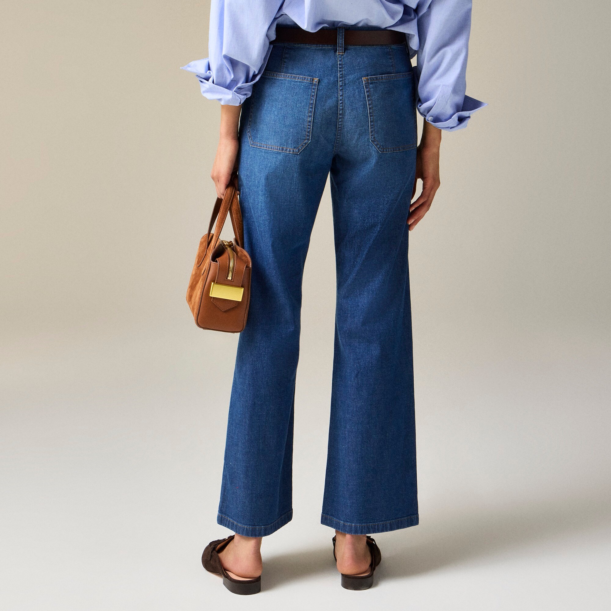 High-rise kickout jean with sailor pockets in drapey denim