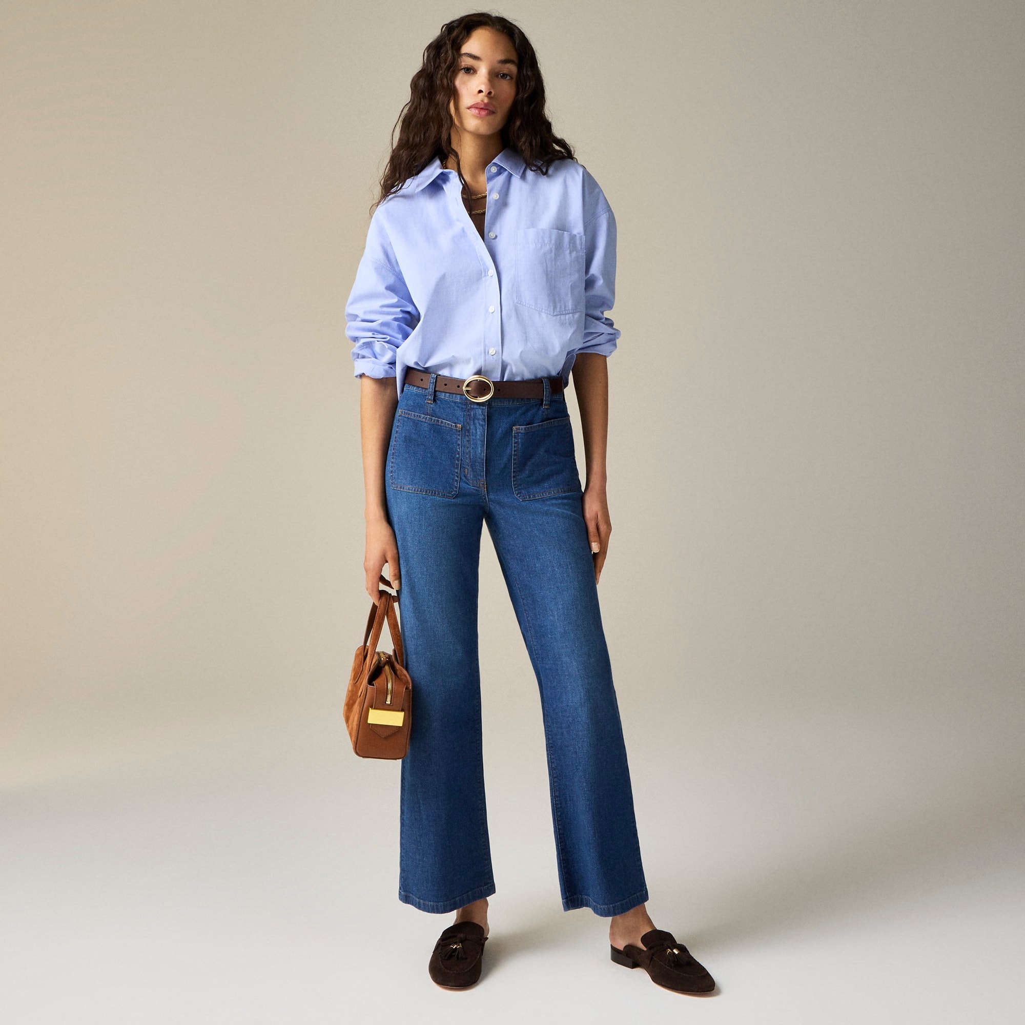 womens High-rise kickout jean with sailor pockets in drapey denim