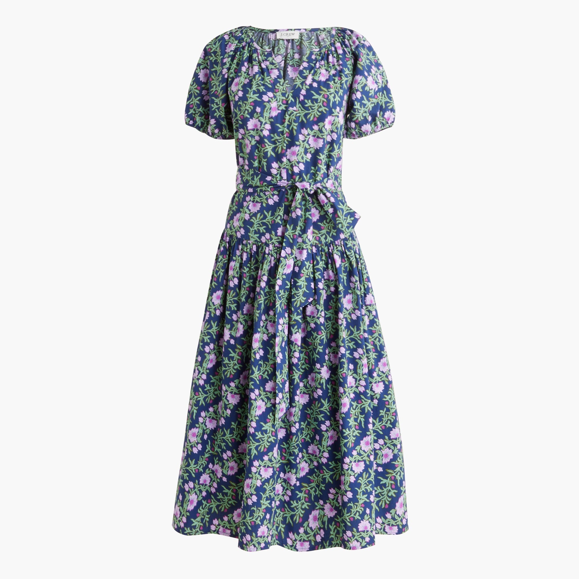 Puff-sleeve tie-waist midi dress