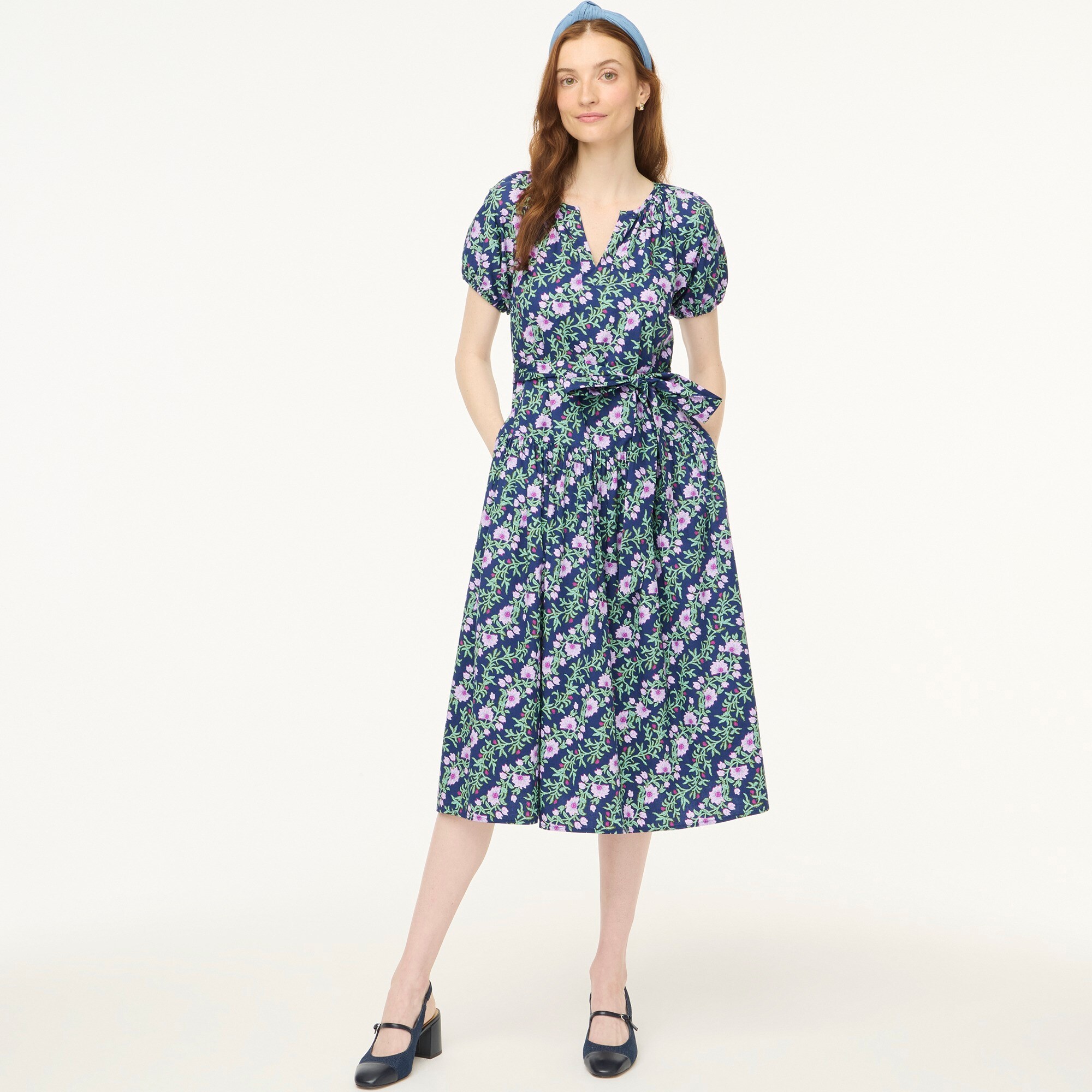 factory: puff-sleeve tie-waist midi dress for women