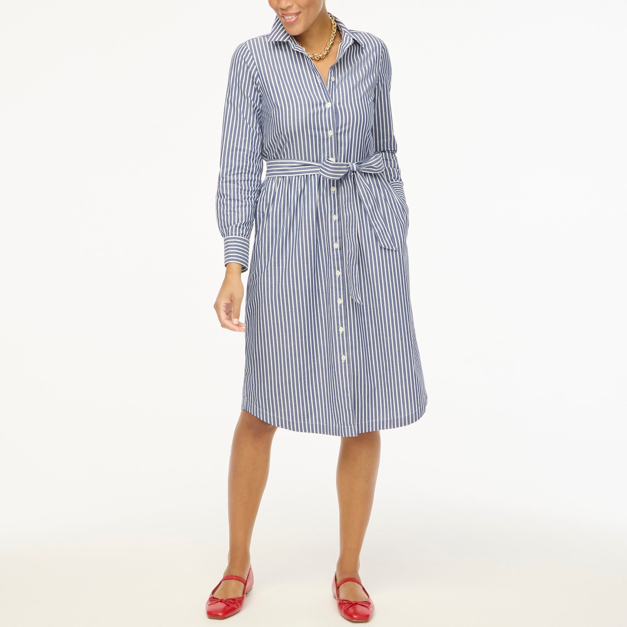 Long-sleeve striped poplin shirtdress