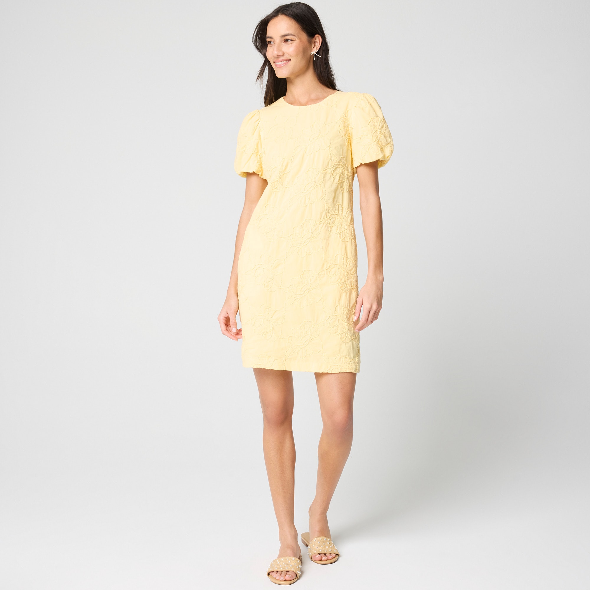 Women's Embroidered Puff-Sleeve Mini Dress (Pale Banana, Size 14) J.Crew Factory