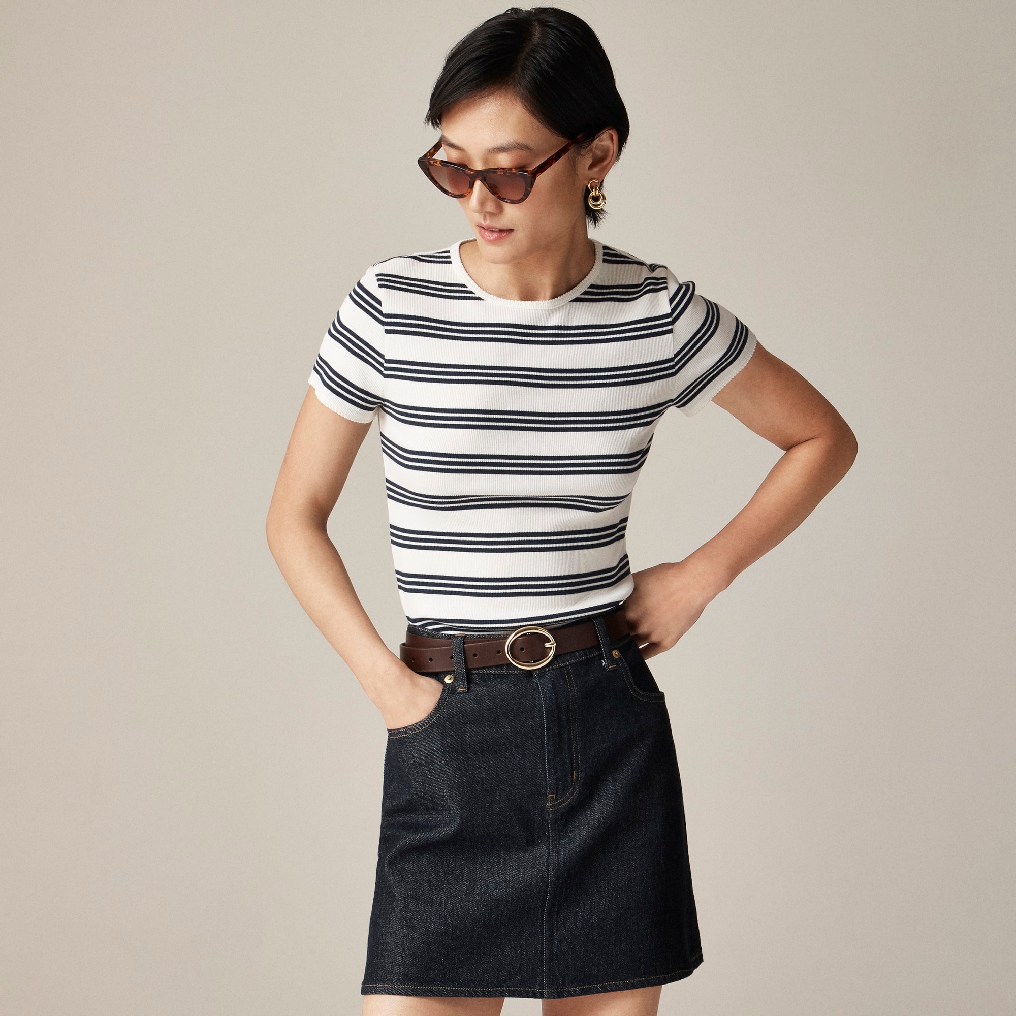 Fine rib short-sleeve T-shirt in stripe