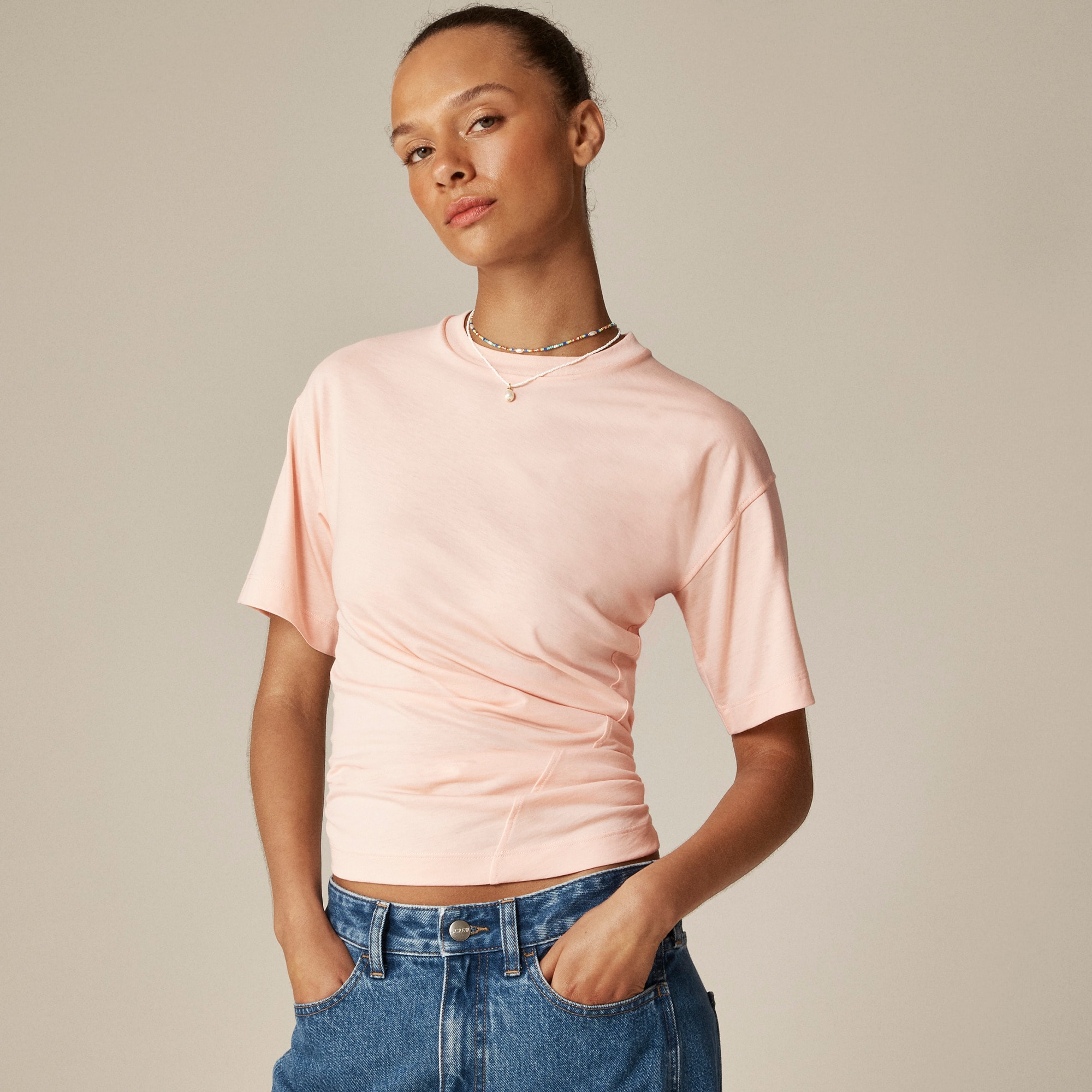 Pima cotton asymmetrical ruched T-shirt