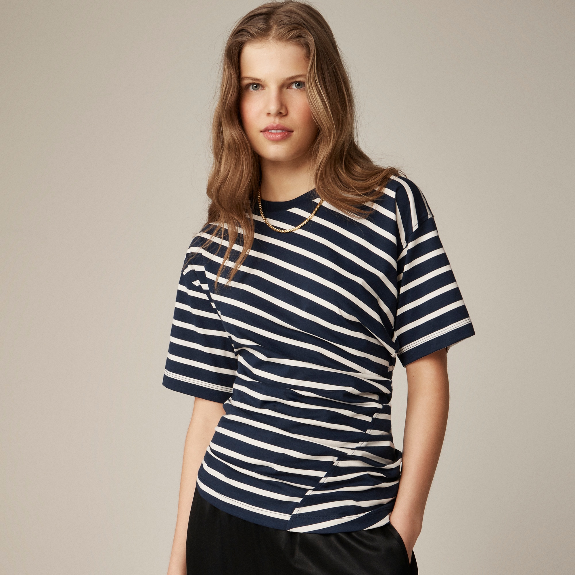 Pima cotton asymmetrical ruched T-shirt in stripe