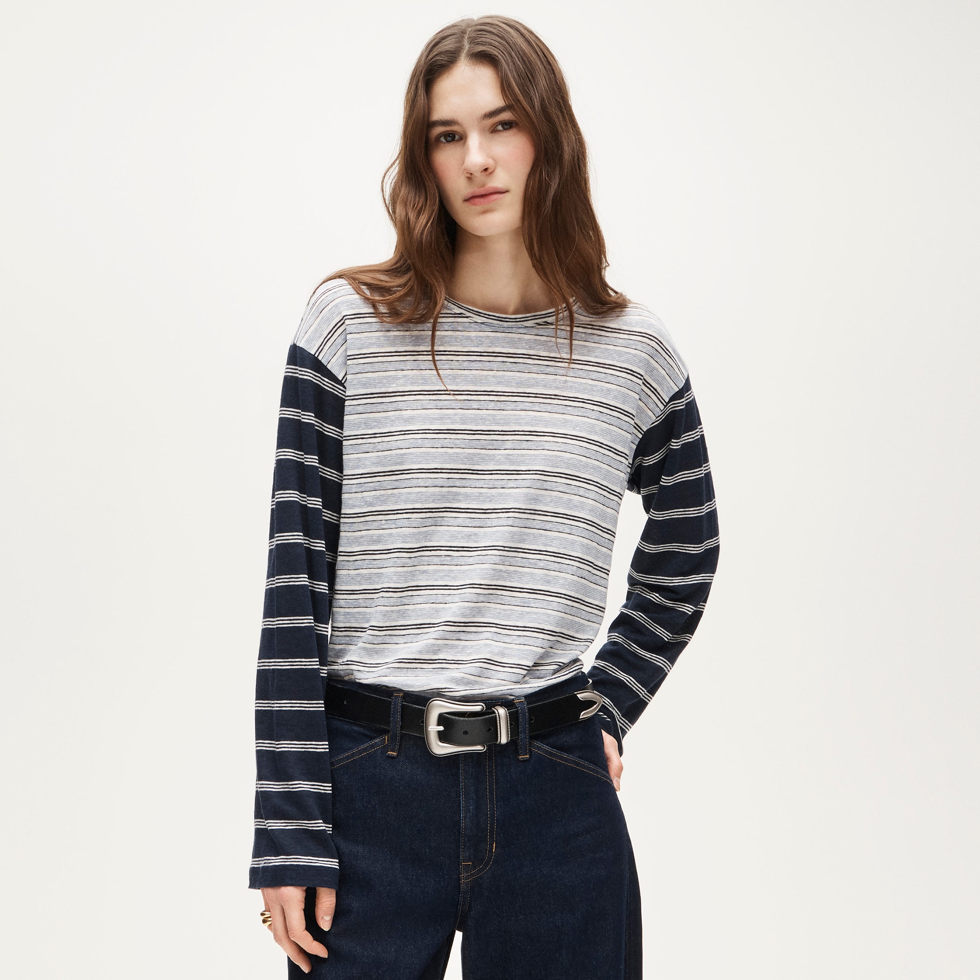 womens New relaxed linen long-sleeve T-shirt in stripe