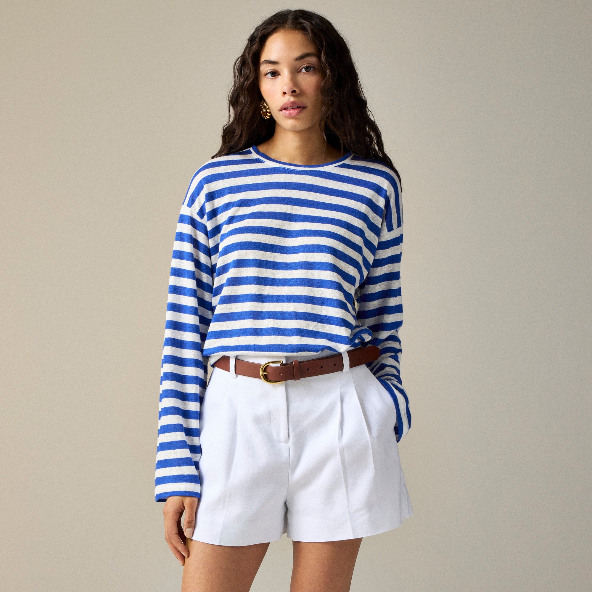 womens New relaxed linen long-sleeve T-shirt in stripe