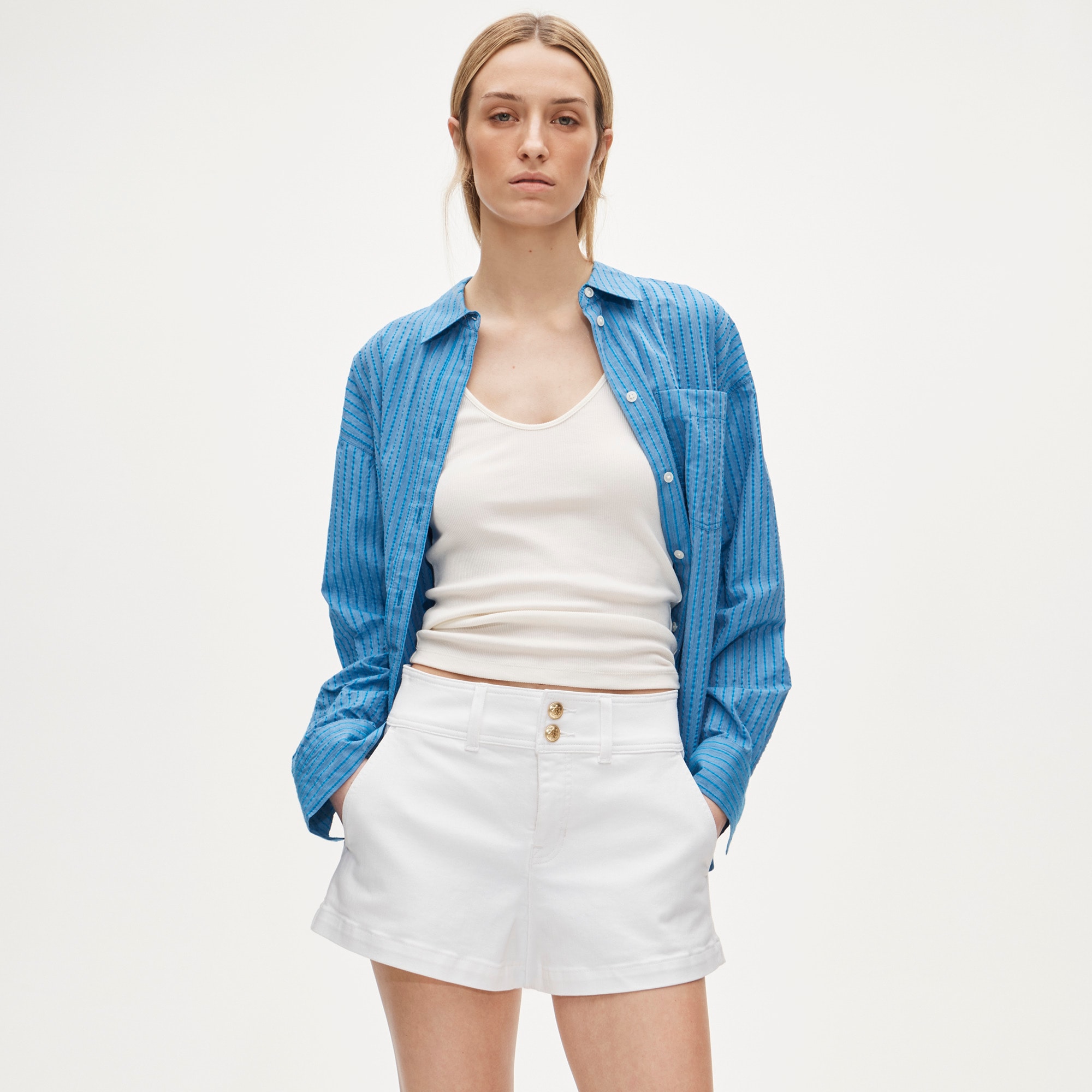 Stacked-button denim short in white - image 3