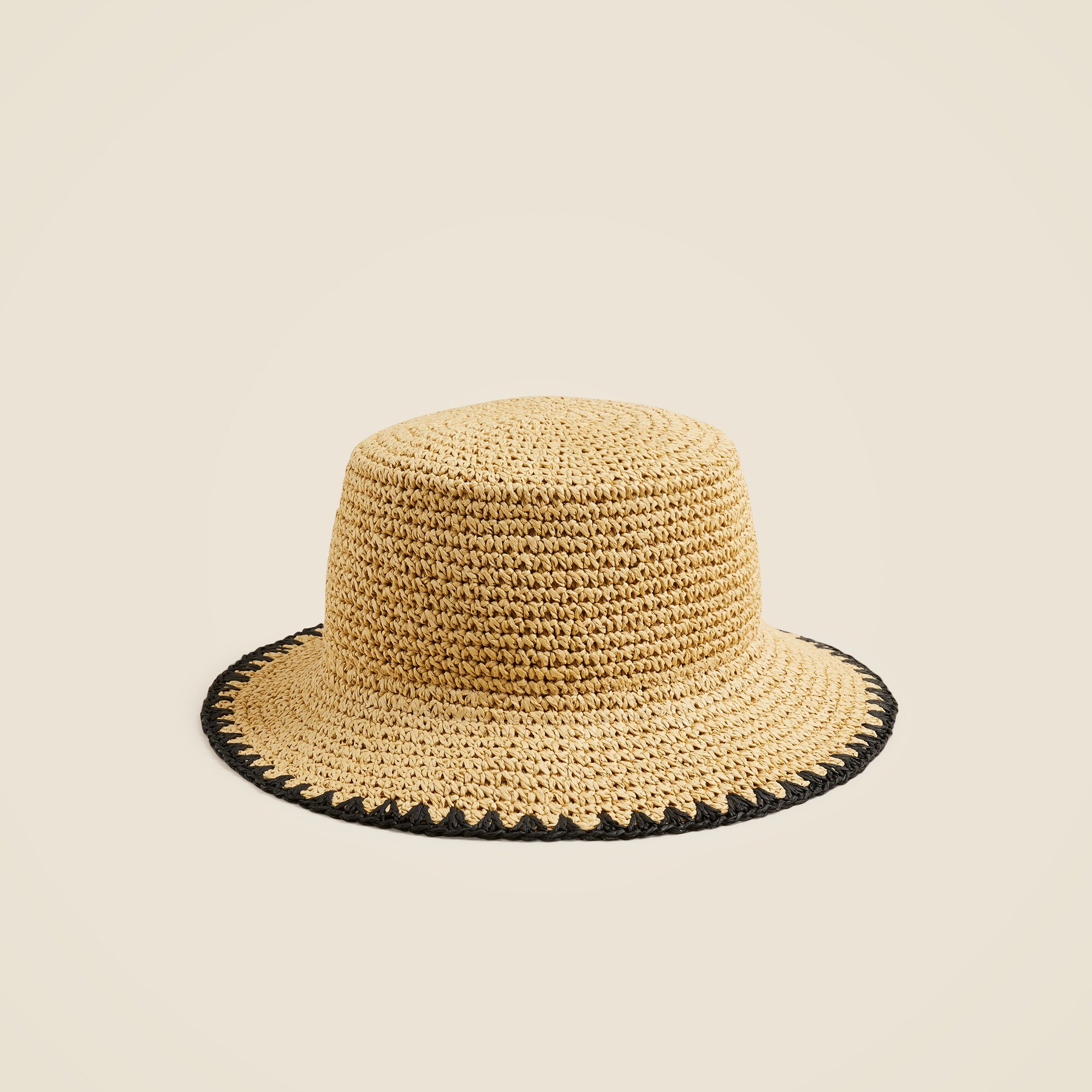 Packable straw hat with crochet trim