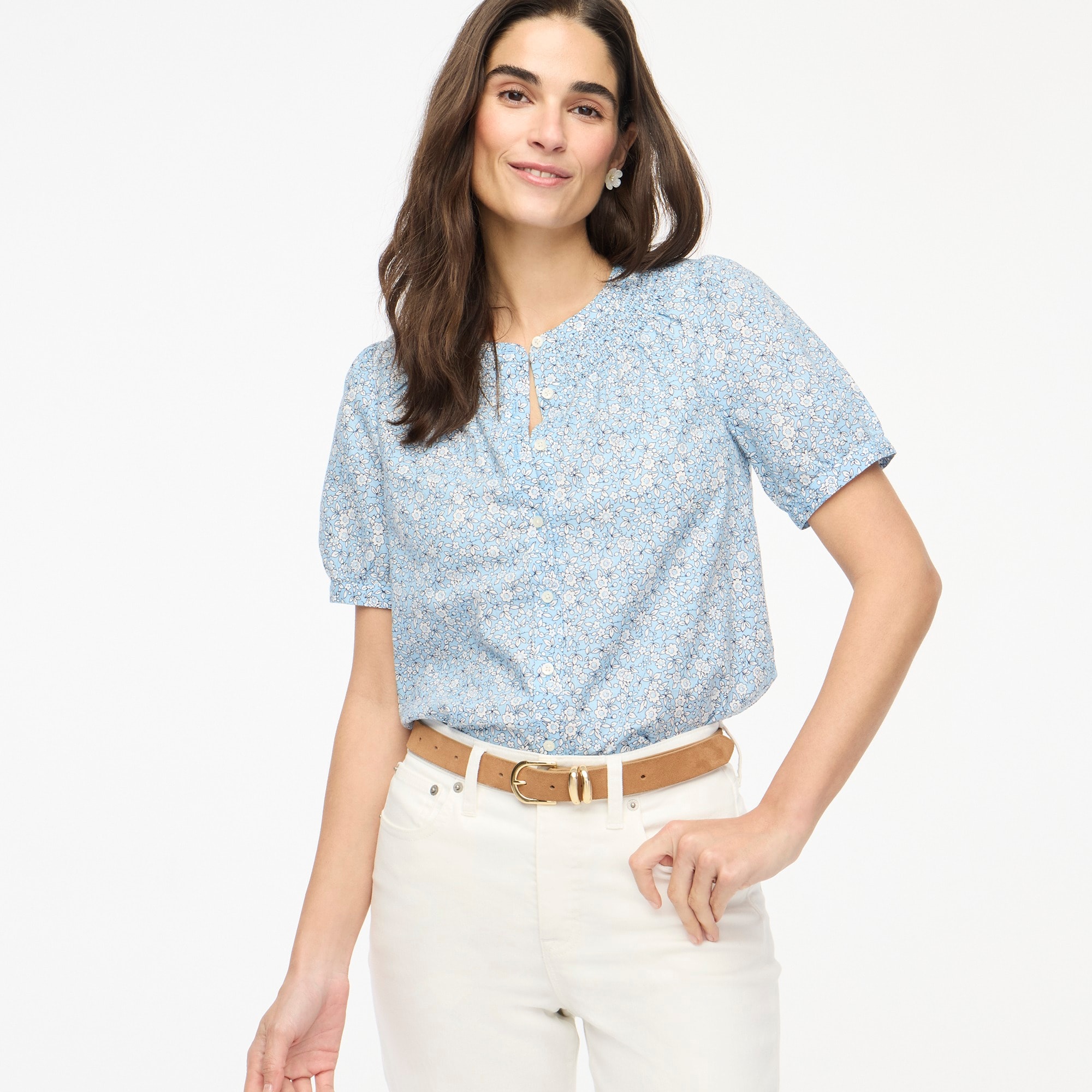 womens Linen-blend short-sleeve smock-neck top