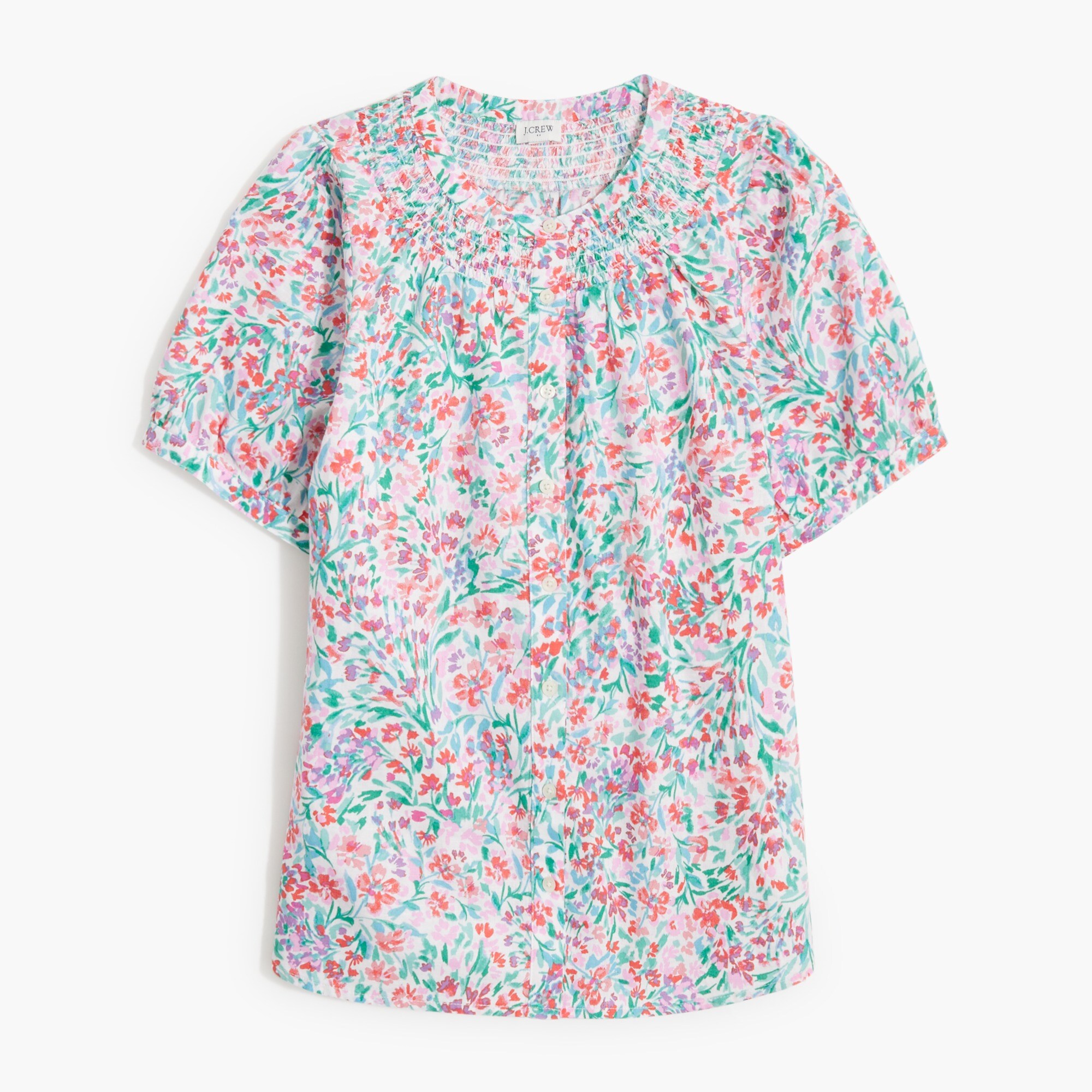 Linen-blend short-sleeve smock-neck top