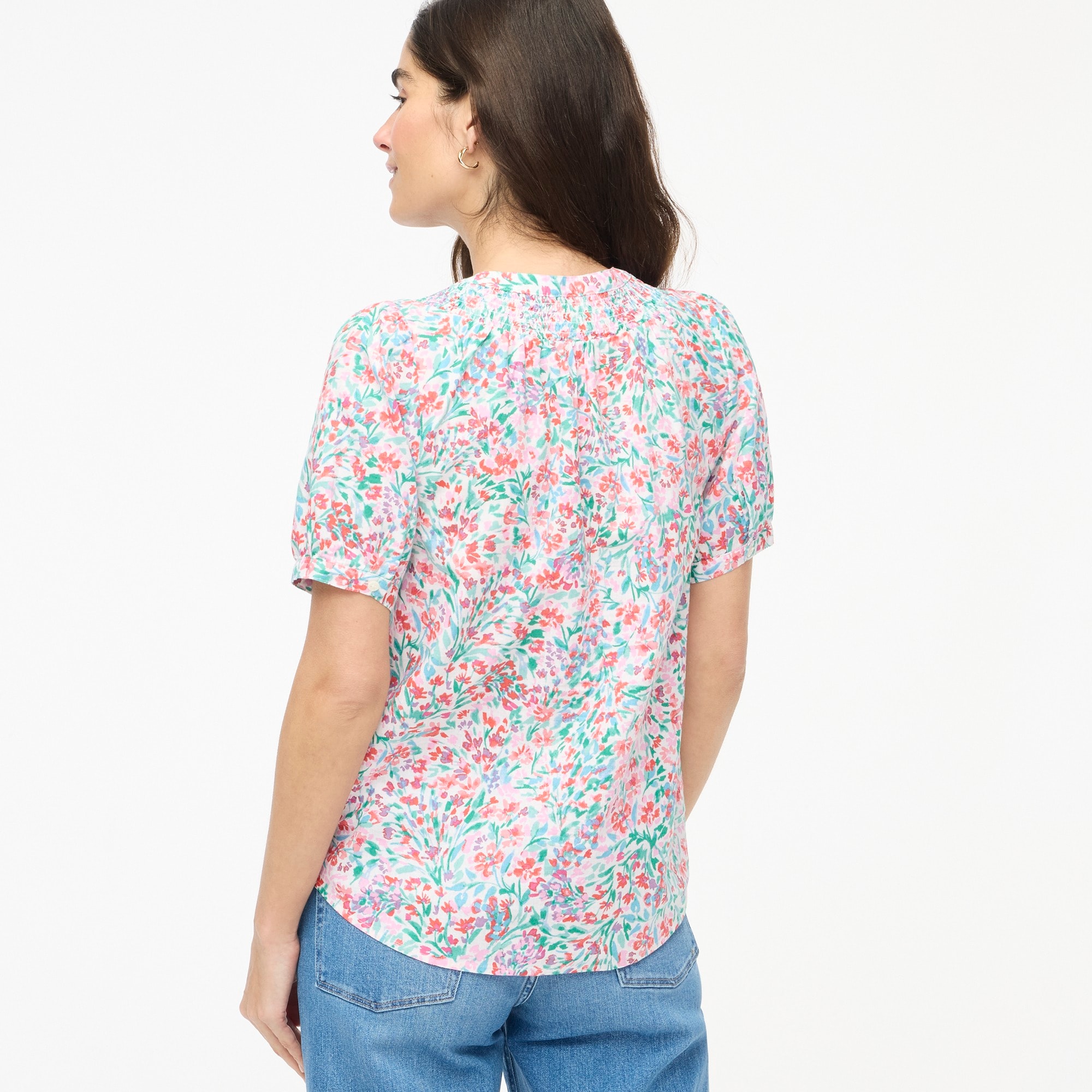 Linen-blend short-sleeve smock-neck top