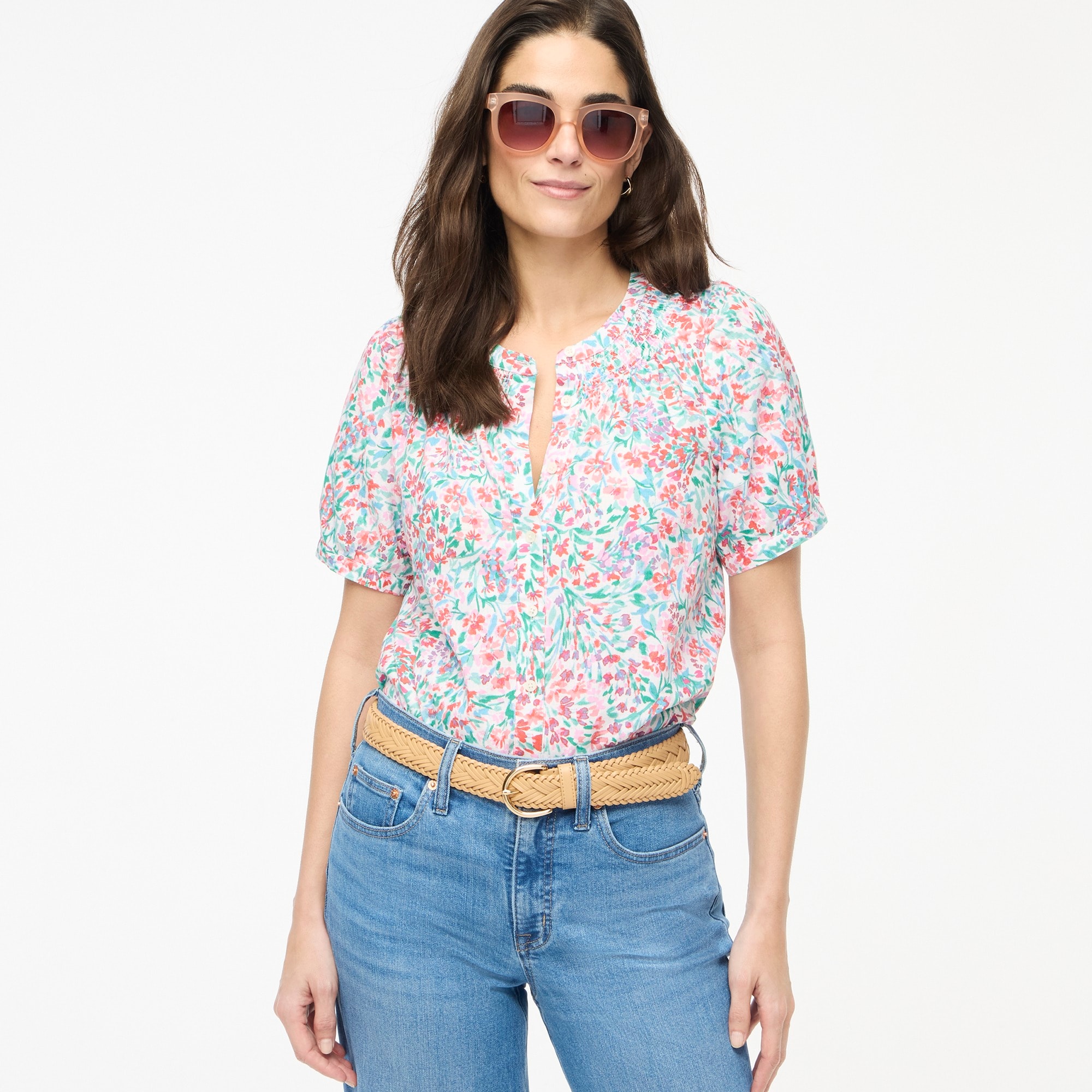 Linen-blend short-sleeve smock-neck top