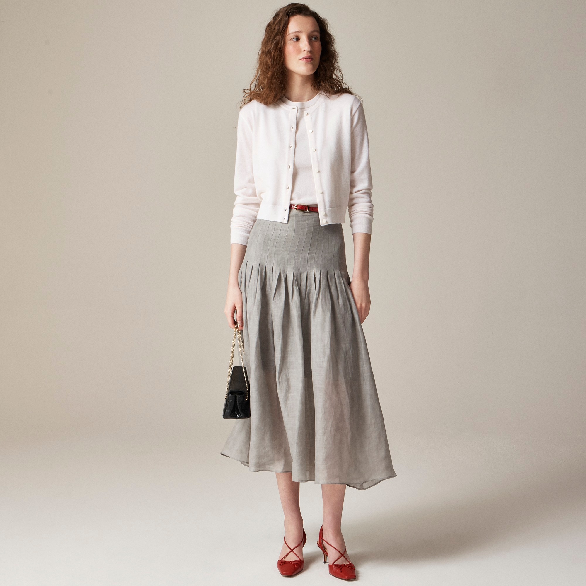 Pleated drop-waist midi skirt in ramie