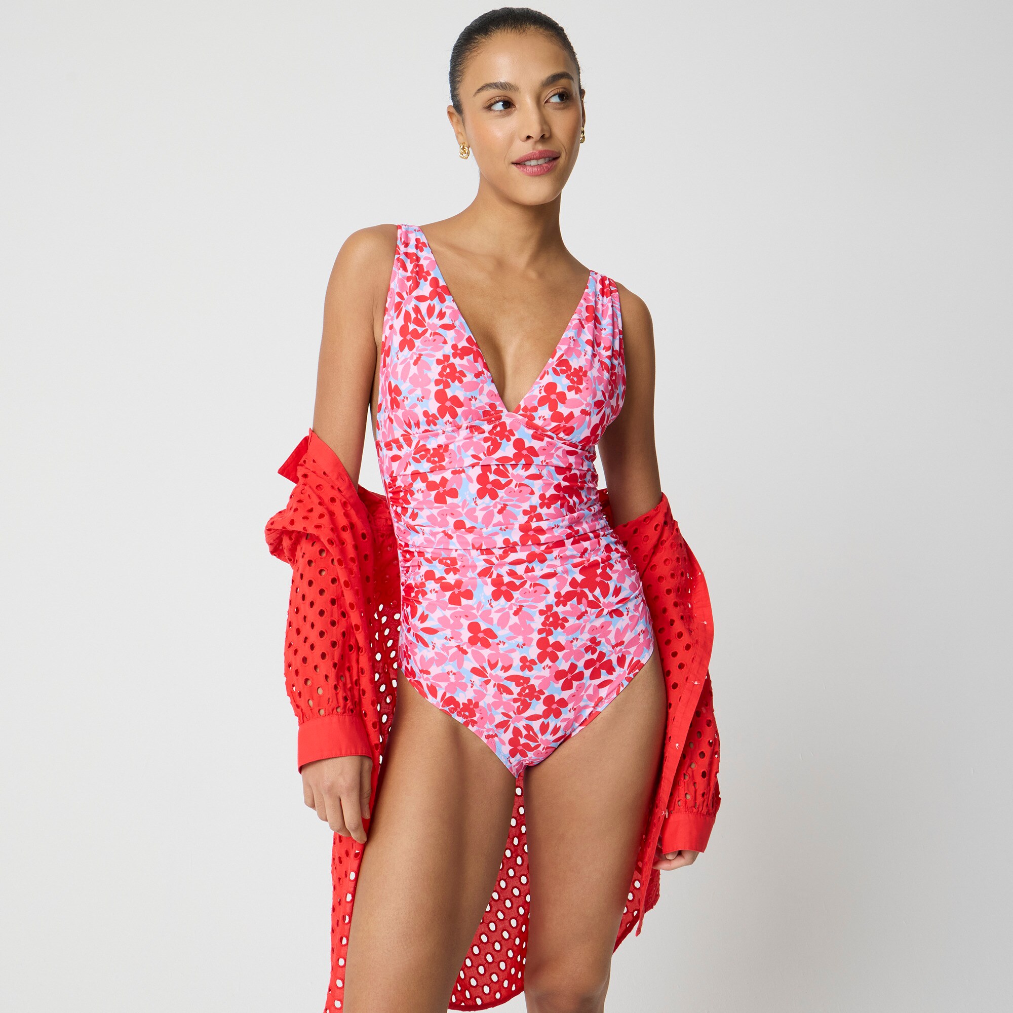 Ruched plunge one-piece swimsuit