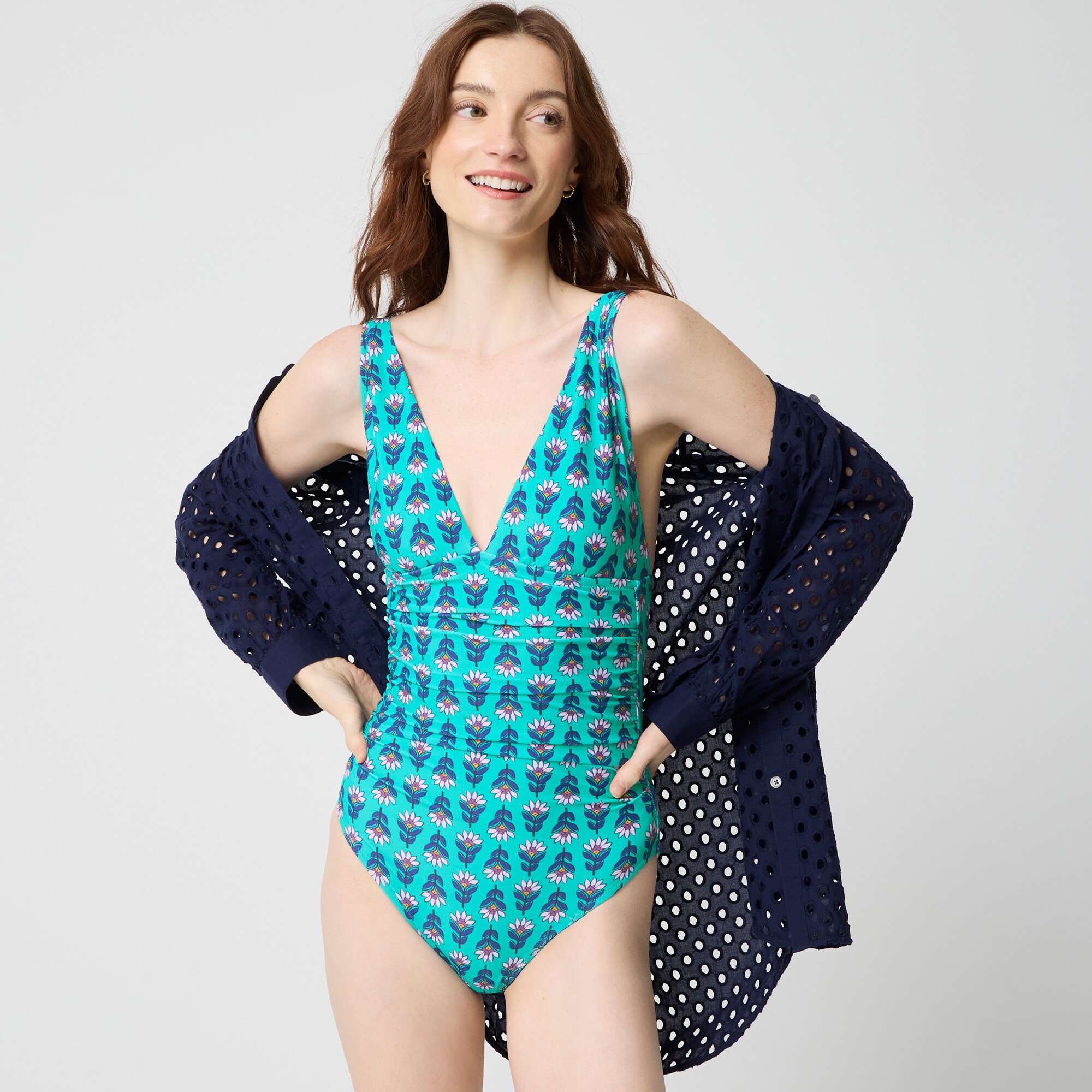  Ruched plunge one-piece swimsuit